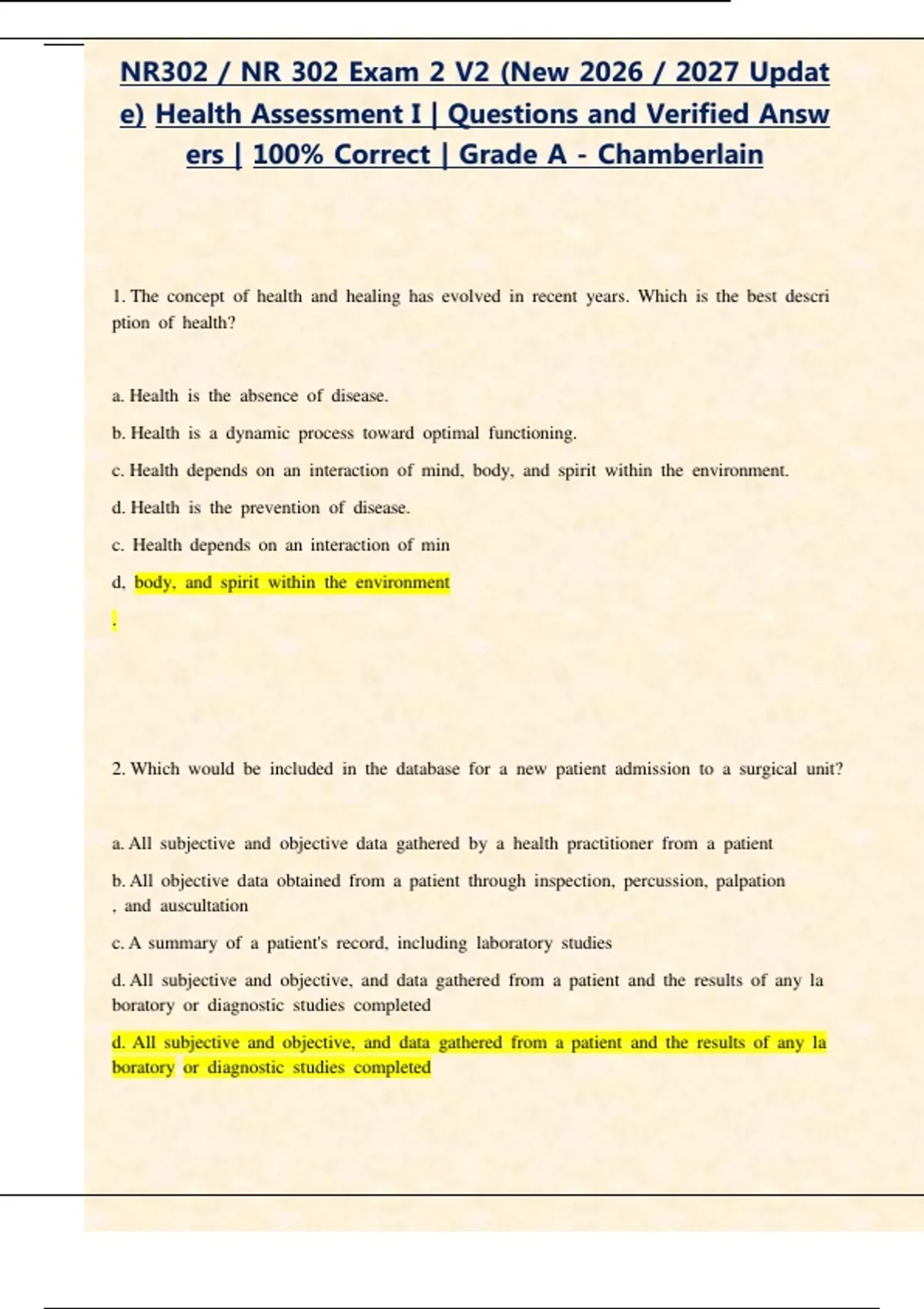 NR302 / NR 302 Exam 2 V2 (New 2026 / 2027 Update) Health Assessment I ...