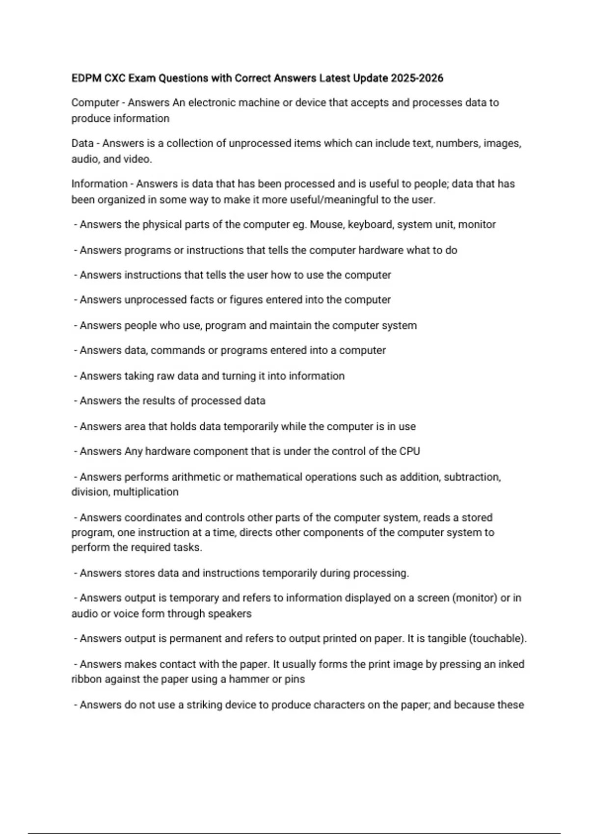 EDPM CXC Exam Questions with Correct Answers Latest Update - EDPM CXC ...