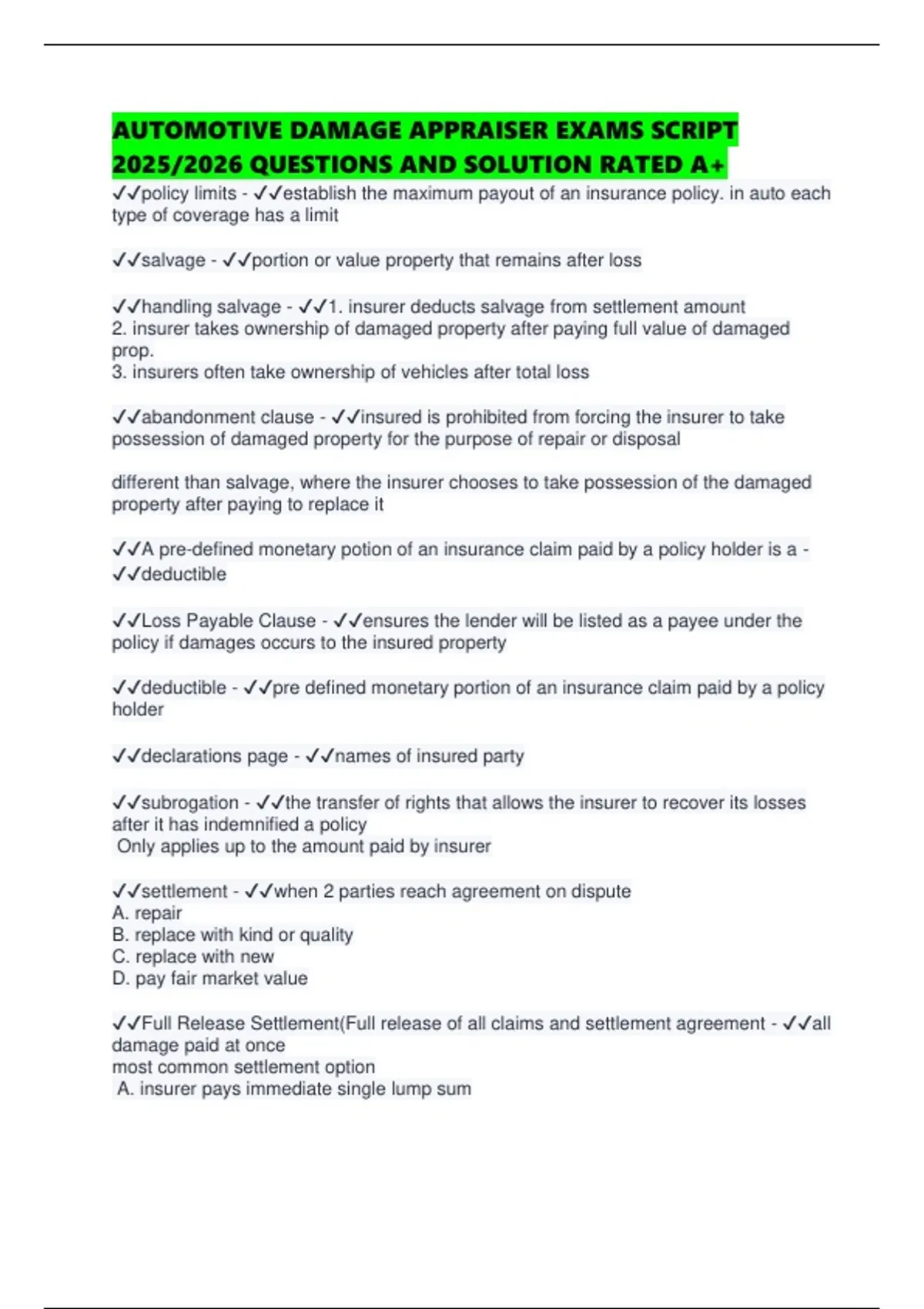 AUTOMOTIVE DAMAGE APPRAISER EXAMS SCRIPT 2025/2026 QUESTIONS AND ...