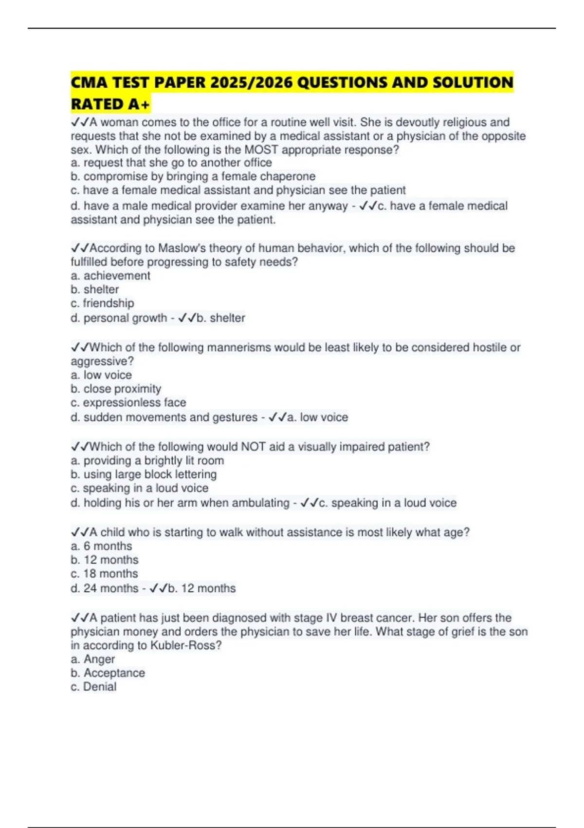 CMA TEST PAPER 2025/2026 QUESTIONS AND SOLUTION RATED A+ - Cma - Stuvia US