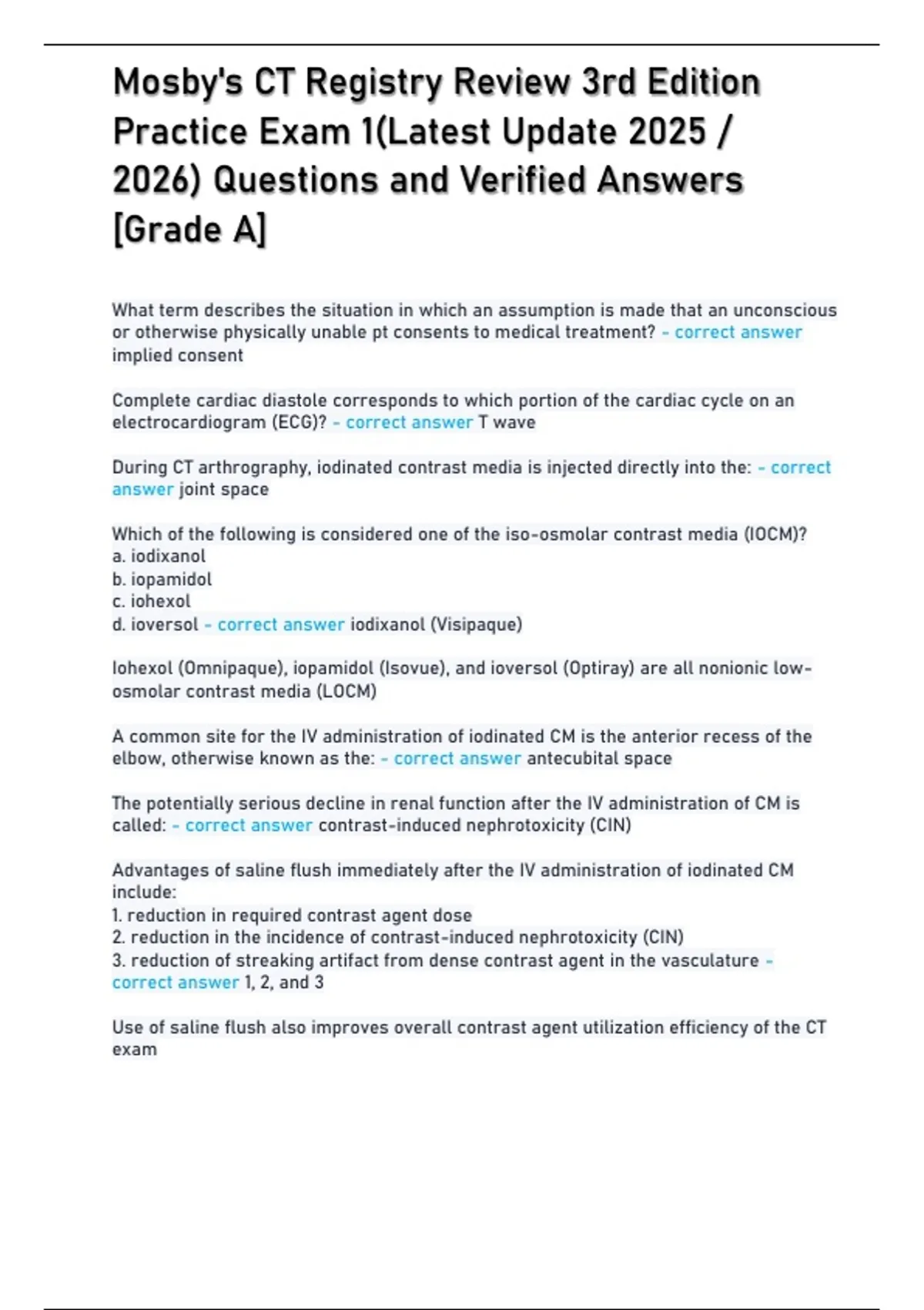 Mosby-s CT Registry Review 3rd Edition Practice Exam 1(Latest Update ) Questions and Verified ...