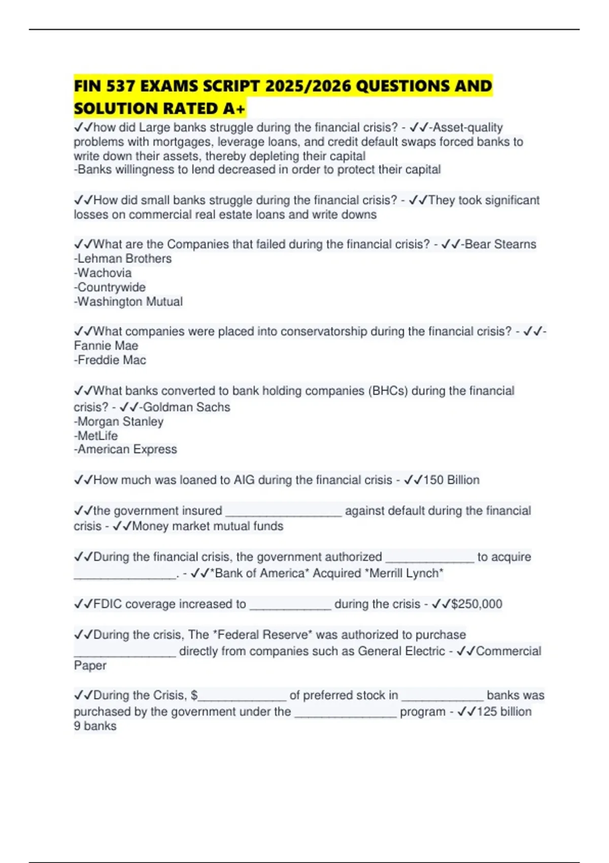 FIN 537 EXAMS SCRIPT 2025/2026 QUESTIONS AND SOLUTION RATED A+ - FIN ...