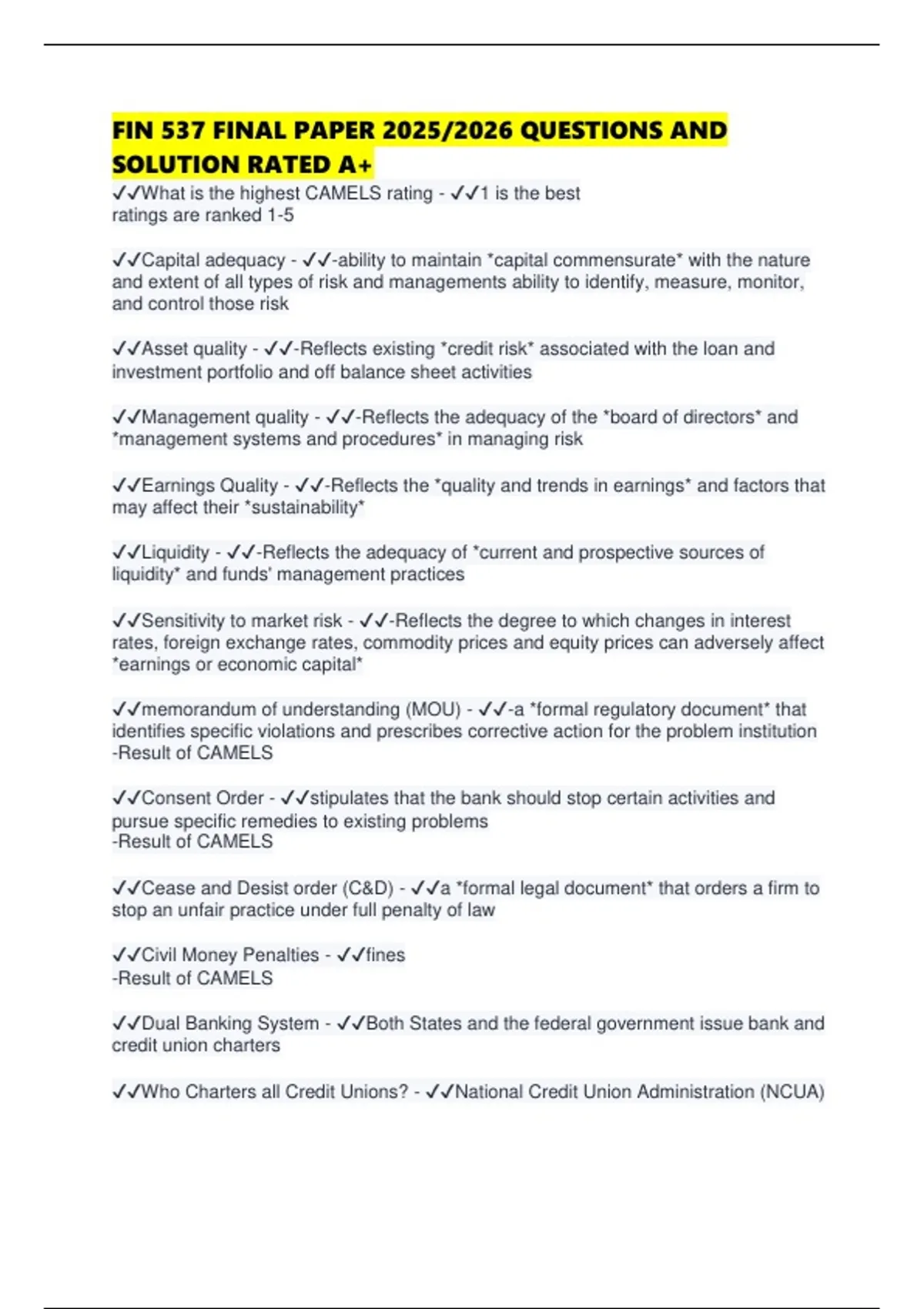 FIN 537 FINAL PAPER 2025/2026 QUESTIONS AND SOLUTION RATED A+ - FIN 537 ...