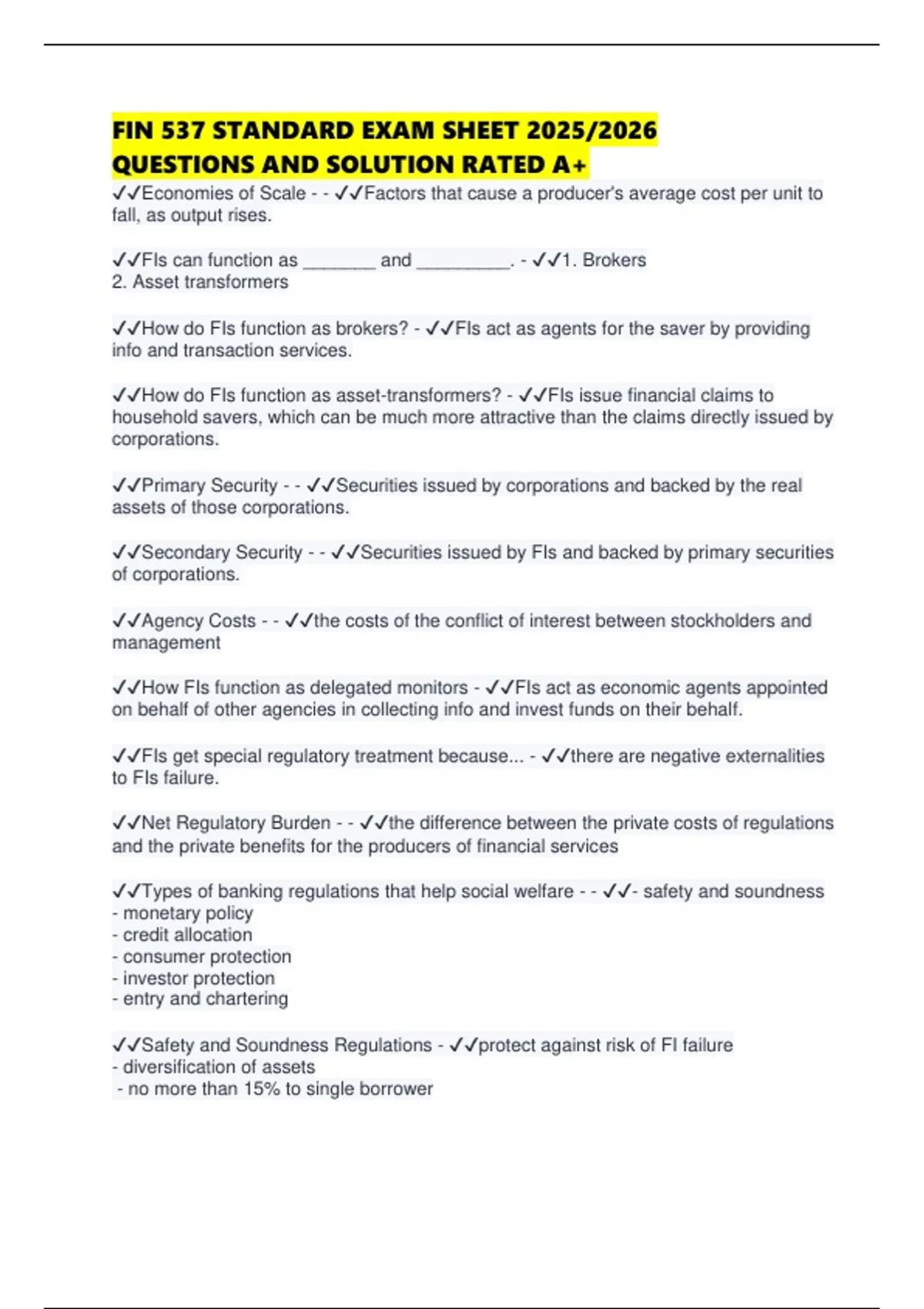 FIN 537 STANDARD EXAM SHEET 2025/2026 QUESTIONS AND SOLUTION RATED A+ ...