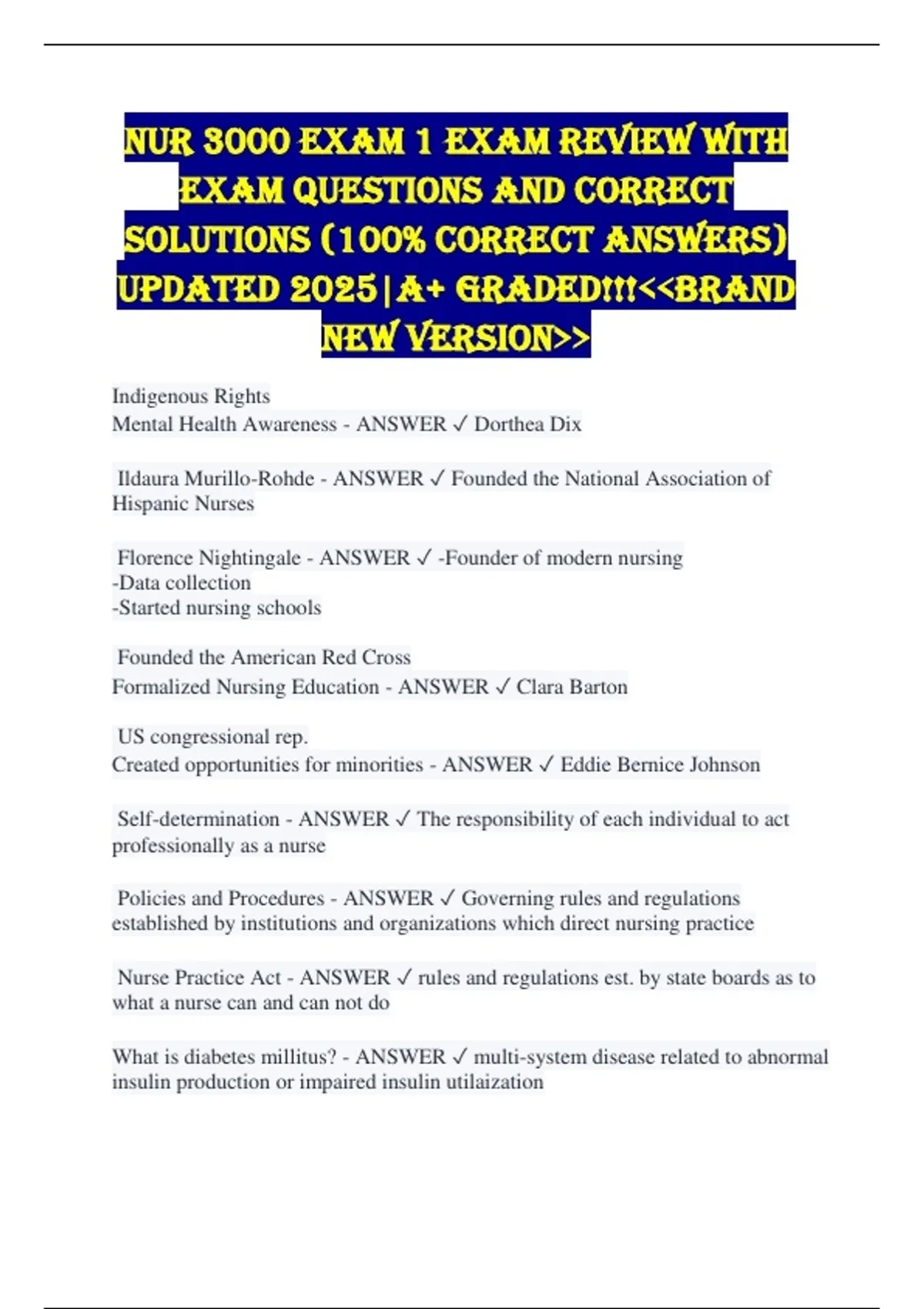 NUR 3000 Exam 1 EXAM REVIEW WITH EXAM QUESTIONS AND CORRECT SOLUTIONS ...
