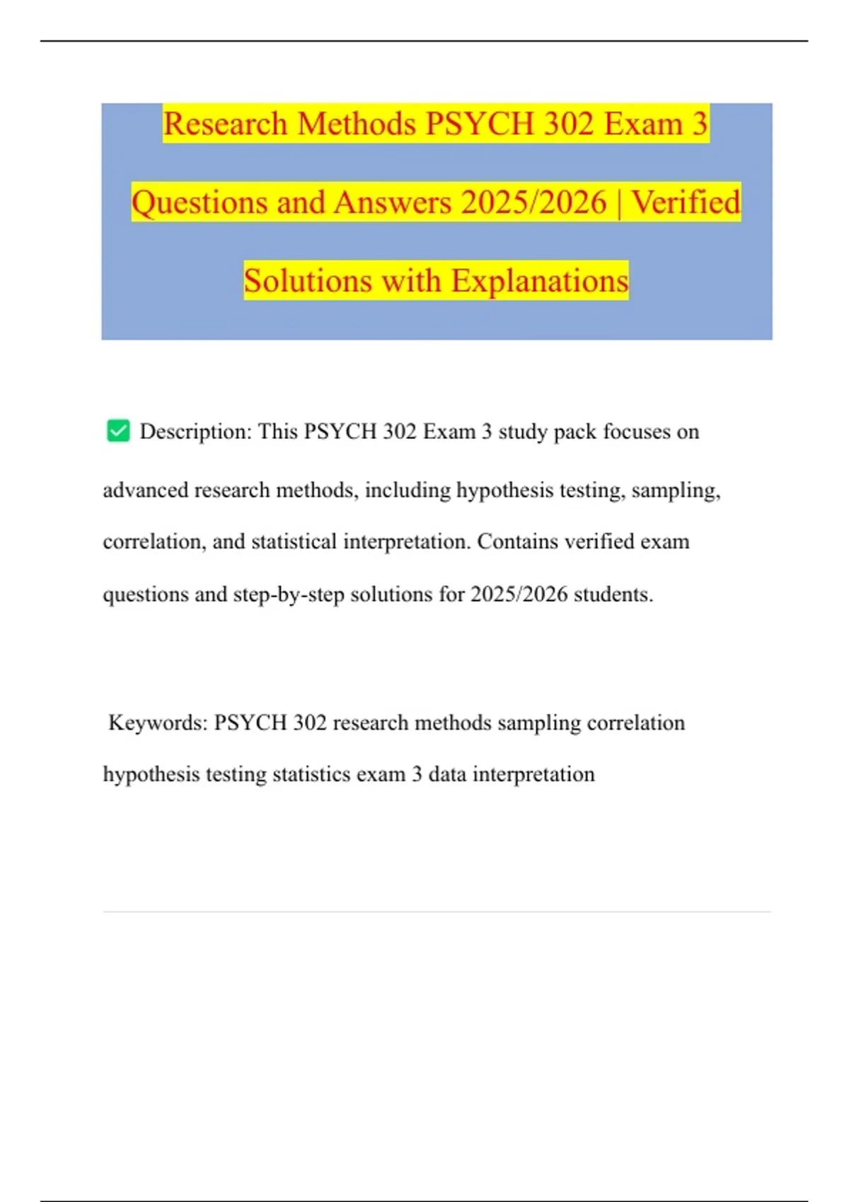 Research Methods PSYCH 302 Exam 3 Questions and Answers 2025/2026 ...