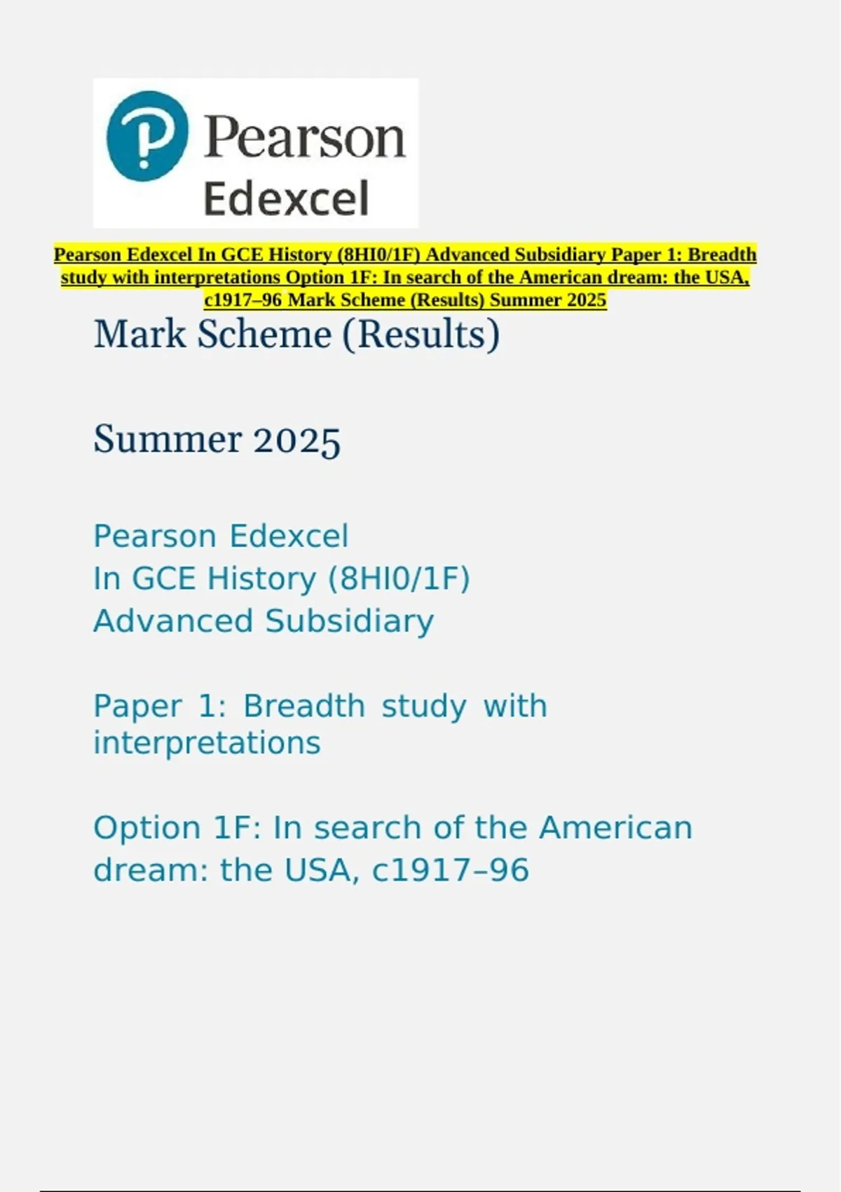 Pearson Edexcel In GCE History (8HI0/1F) Advanced Subsidiary Paper 1 ...
