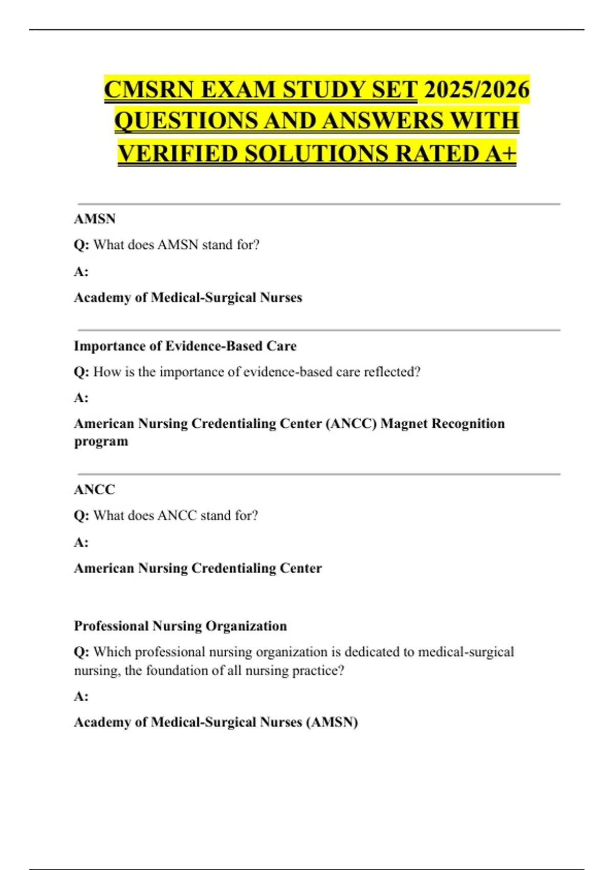 Cmsrn Format CMSRN EXAM STUDY SET 2025/2026 QUESTIONS AND ANSWERS WITH VERIFIED ...