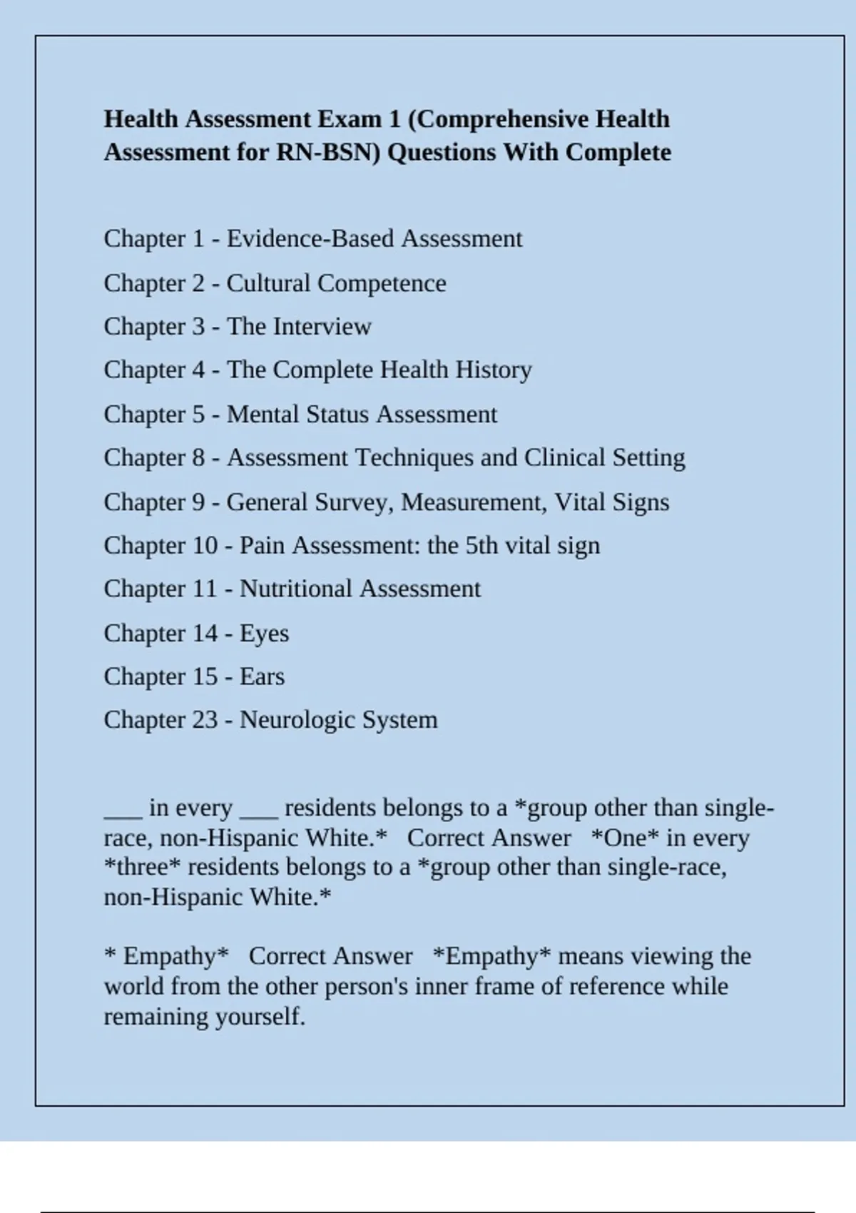 Health Assessment Exam 1 (Comprehensive Health Assessment for RN-BSN ...
