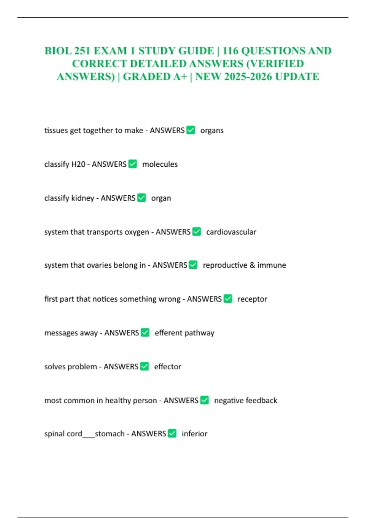 BIOL 251 EXAM 1 STUDY GUIDE | 116 QUESTIONS AND CORRECT DETAILED ...