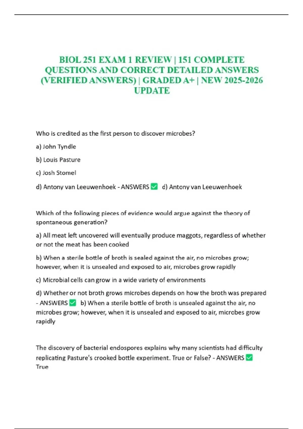 BIOL 251 EXAM 1 REVIEW | 151 COMPLETE QUESTIONS AND CORRECT DETAILED ...