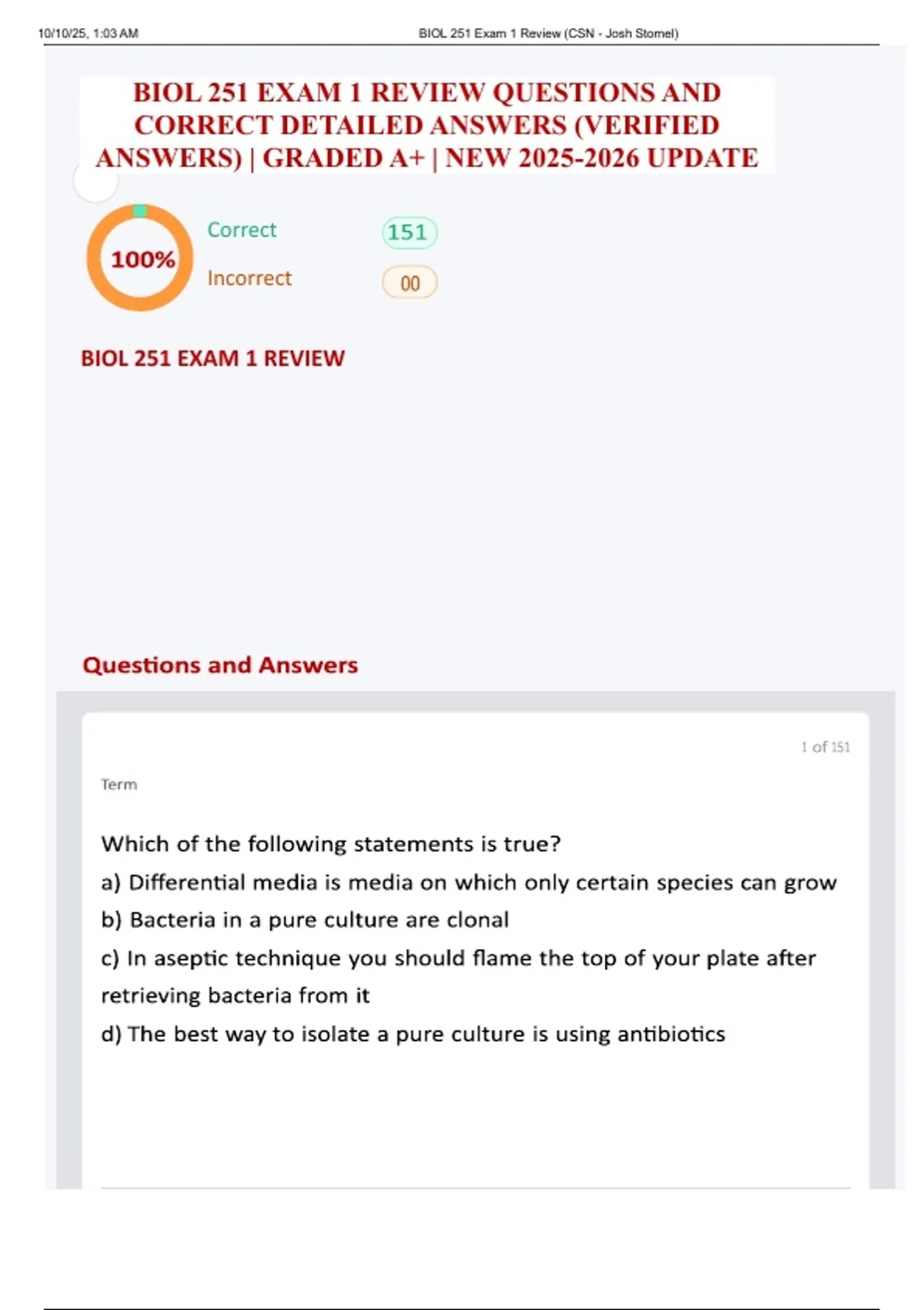 BIOL 251 EXAM 1 REVIEW QUESTIONS AND CORRECT DETAILED ANSWERS (VERIFIED ...