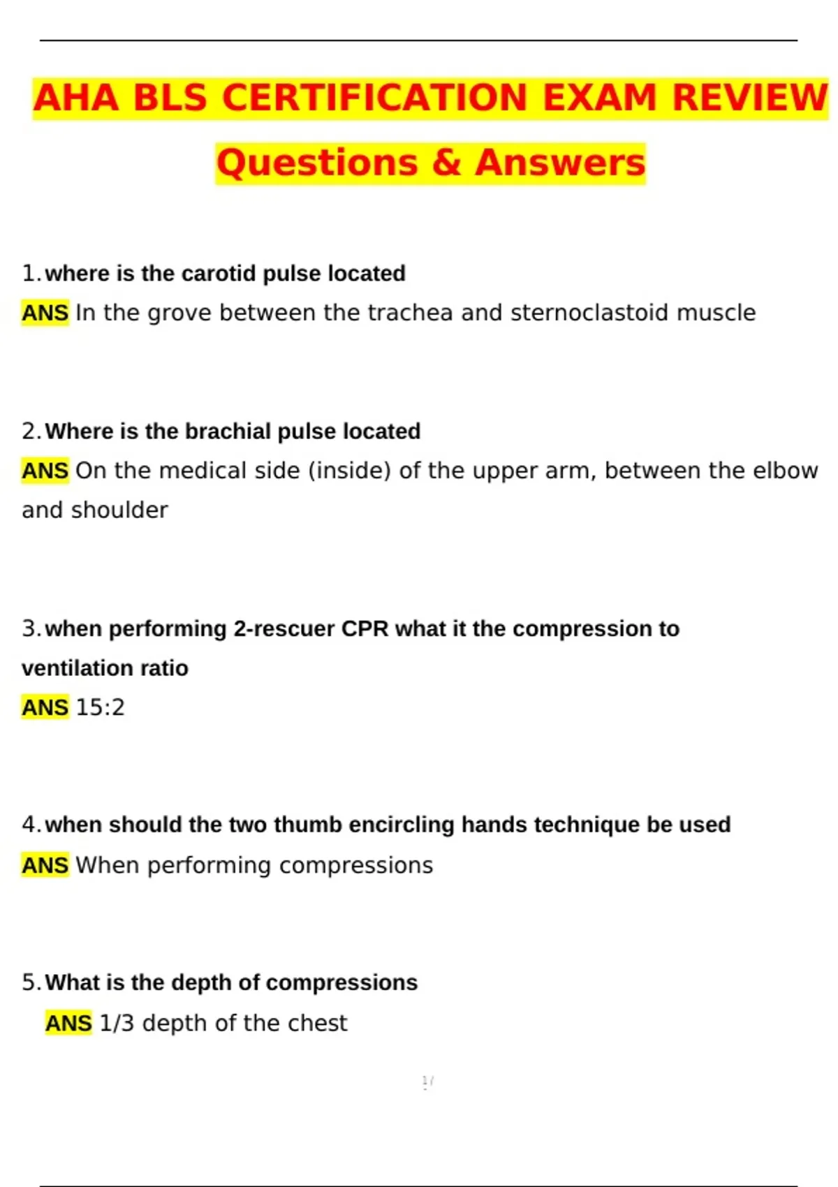 AHA BLS CERTIFICATION EXAM REVIEW Actual 2025 Questions and Verified ...