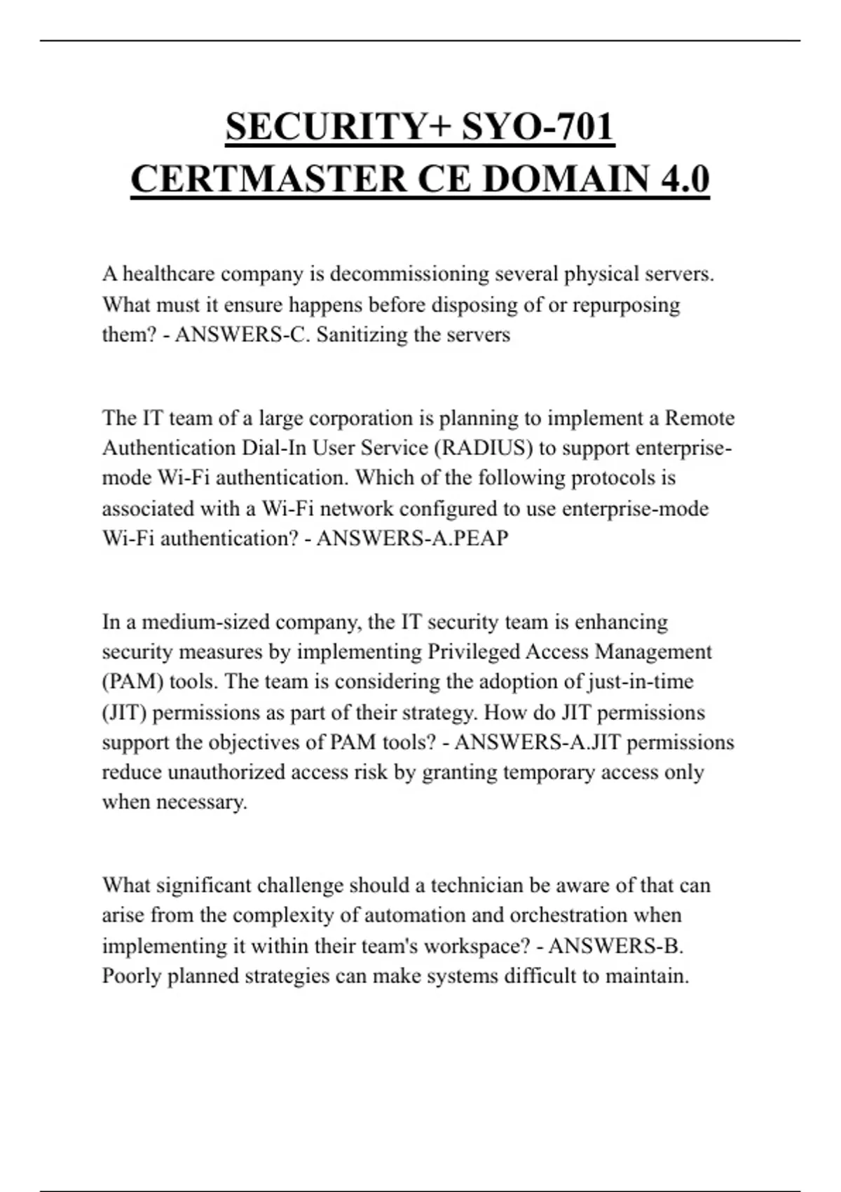 SECURITY+ SYO-701 CERTMASTER CE DOMAIN 4.0 QUESTIONS AND ANSWERS 2025 ...