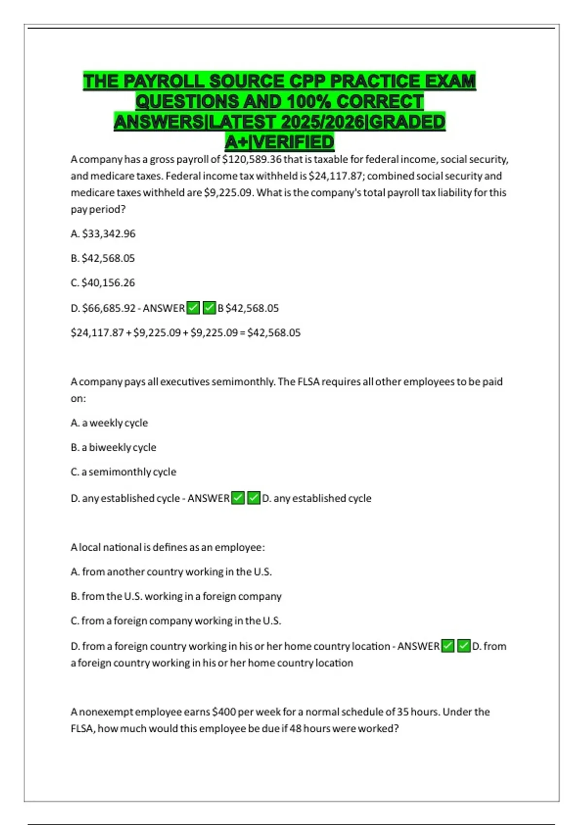 THE PAYROLL SOURCE CPP PRACTICE EXAM QUESTIONS AND 100% CORRECT ANSWERS ...