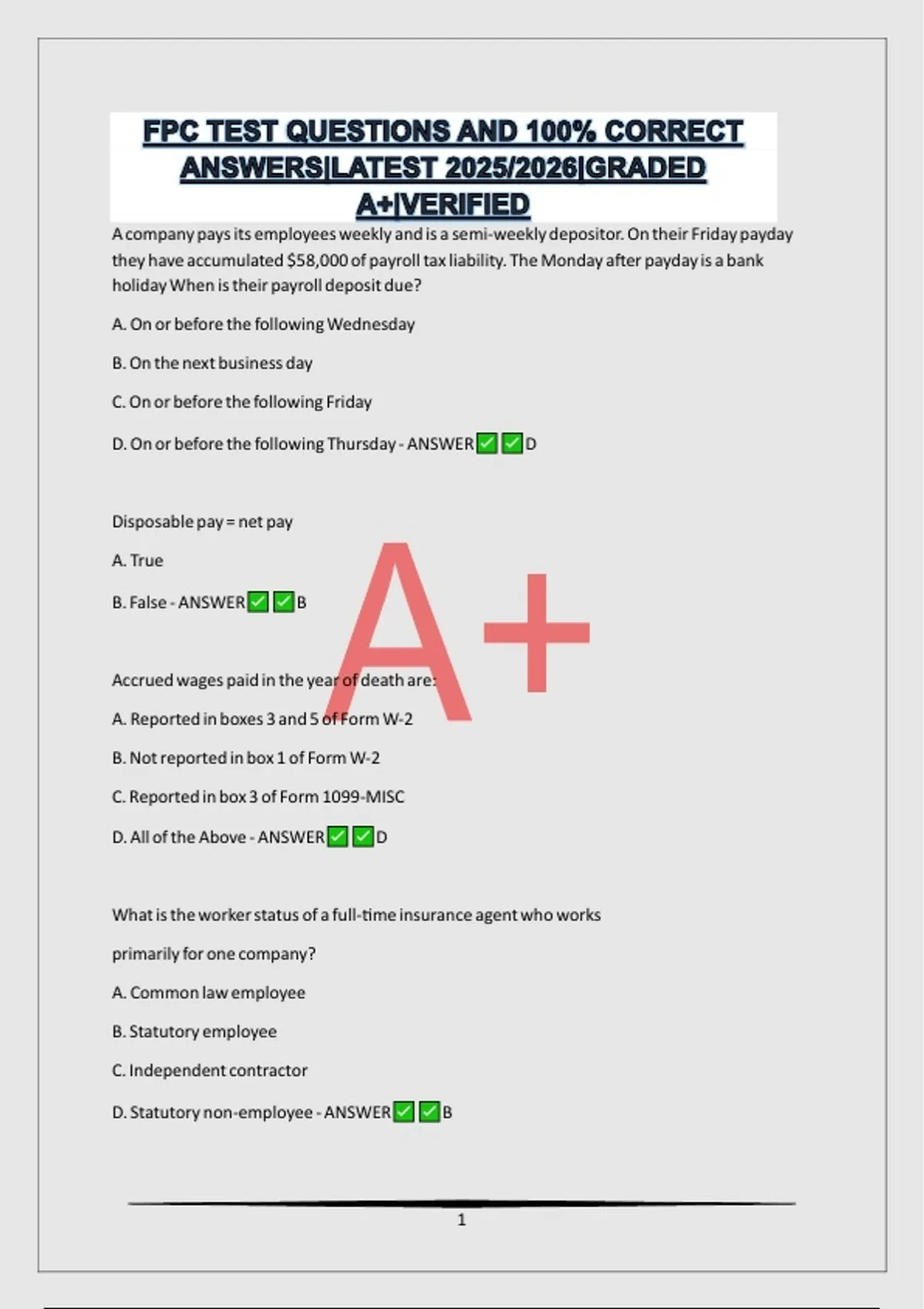 Fpc Question FPC TEST QUESTIONS AND 100% CORRECT ANSWERS|LATEST 2025/2026|GRADED A+ ...