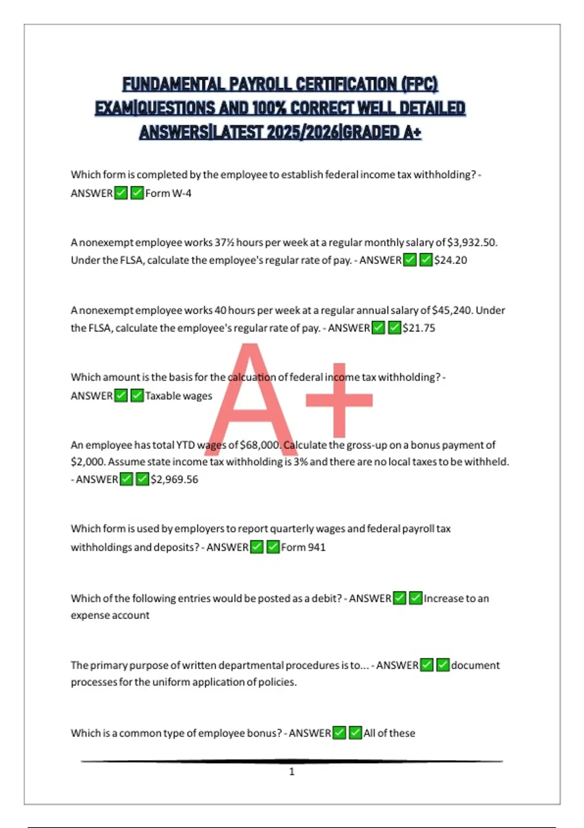 FUNDAMENTAL PAYROLL CERTIFICATION (FPC) EXAM|QUESTIONS AND 100% CORRECT ...