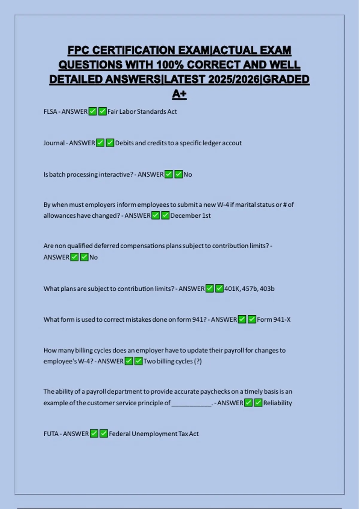 Fpc Question FPC CERTIFICATION EXAM|ACTUAL EXAM QUESTIONS WITH 100% CORRECT AND WELL ...