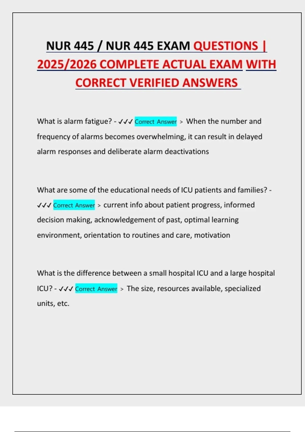 NUR 445 – Critical Care Nursing | 2025/2026 Exam Bank Questions and ...