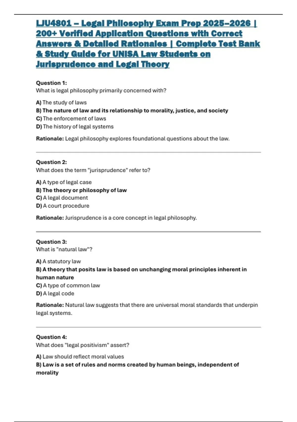 LJU4801 – Legal Philosophy Exam Prep 2025–2026 | 200+ Verified ...