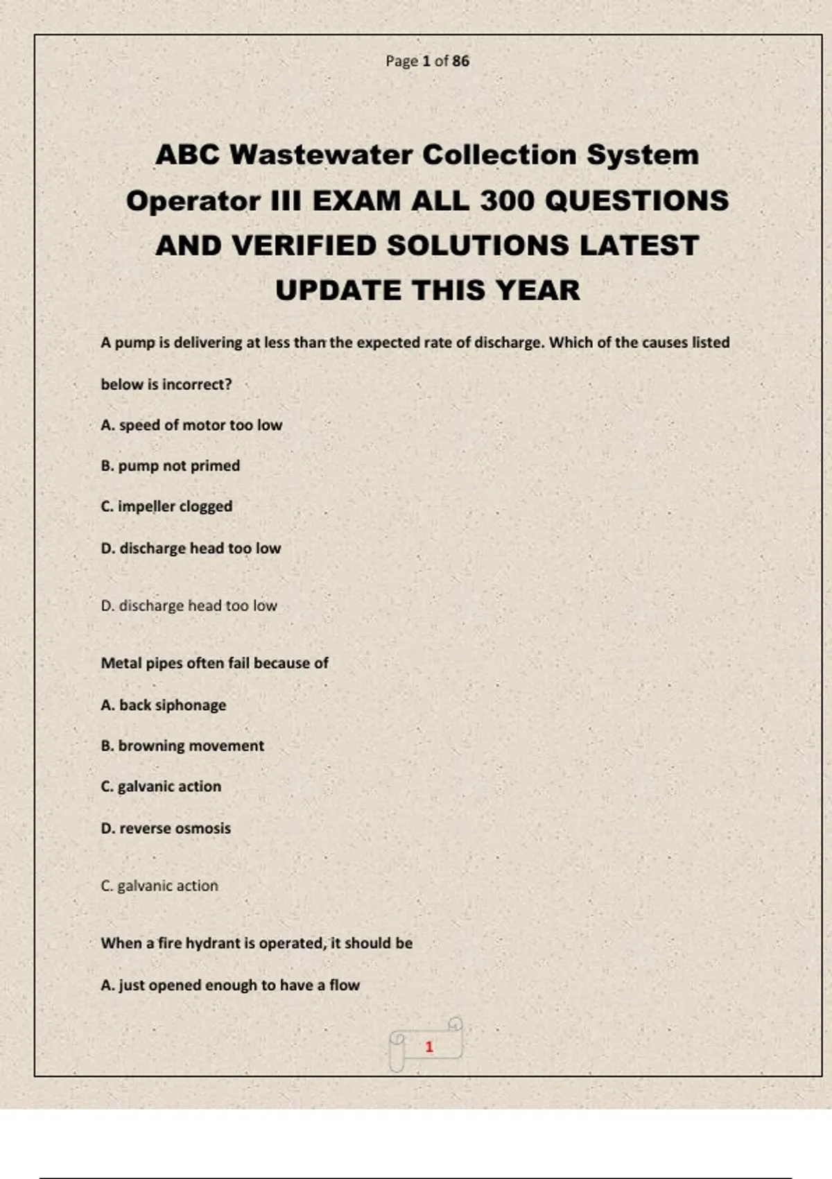 Collection System Operator ABC Wastewater Collection System Operator III EXAM ALL 300 QUESTIONS ...
