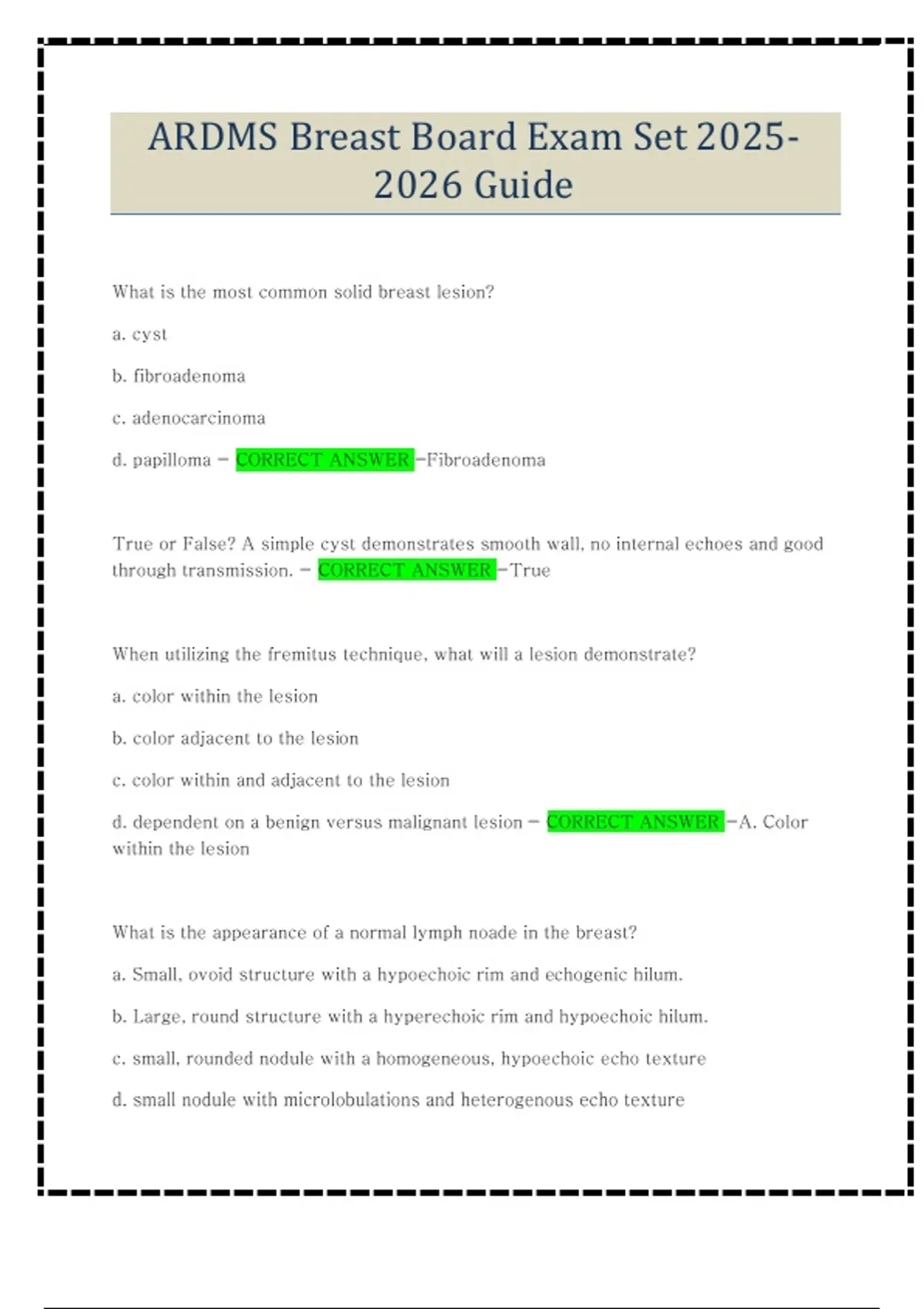 ARDMS Breast Board Exam Set Guide - Breast Sonography - Stuvia US