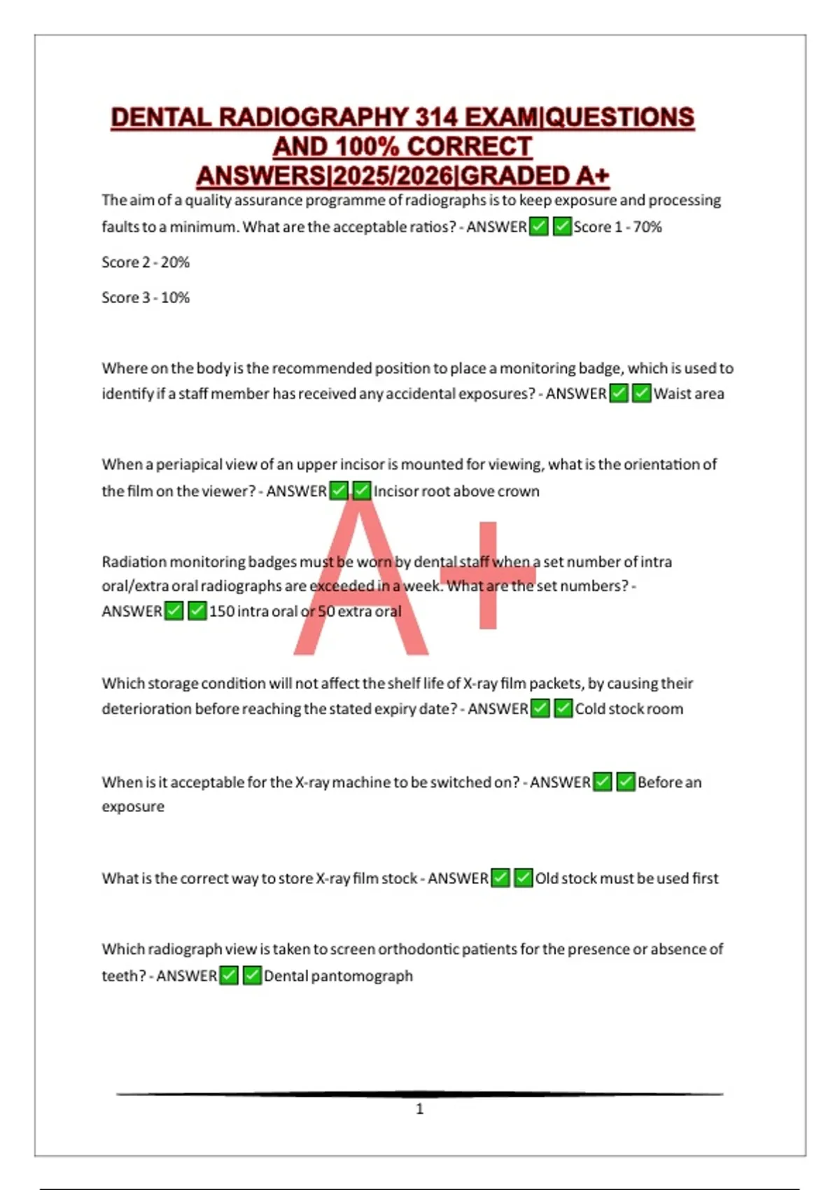 DENTAL RADIOGRAPHY 314 EXAM|QUESTIONS AND 100% CORRECT ANSWERS|2025/ ...