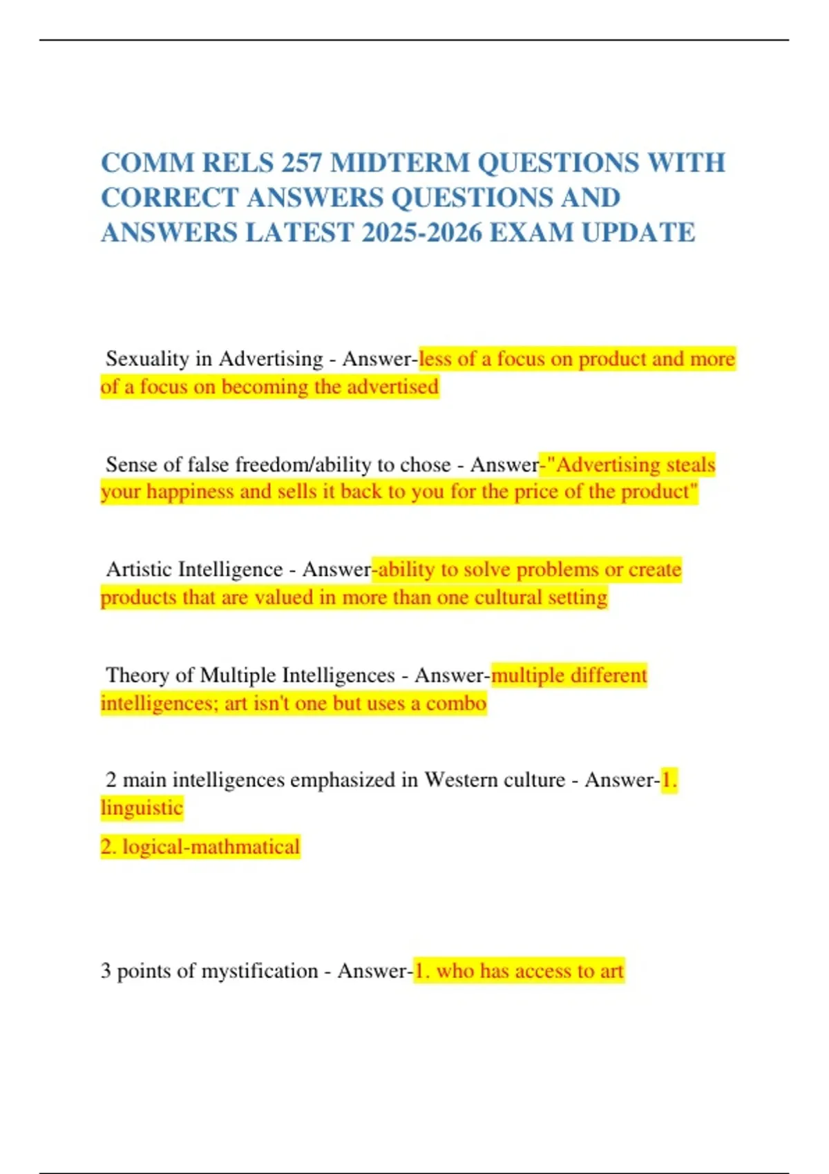 COMM RELS 257 MIDTERM QUESTIONS WITH CORRECT ANSWERS QUESTIONS AND ...