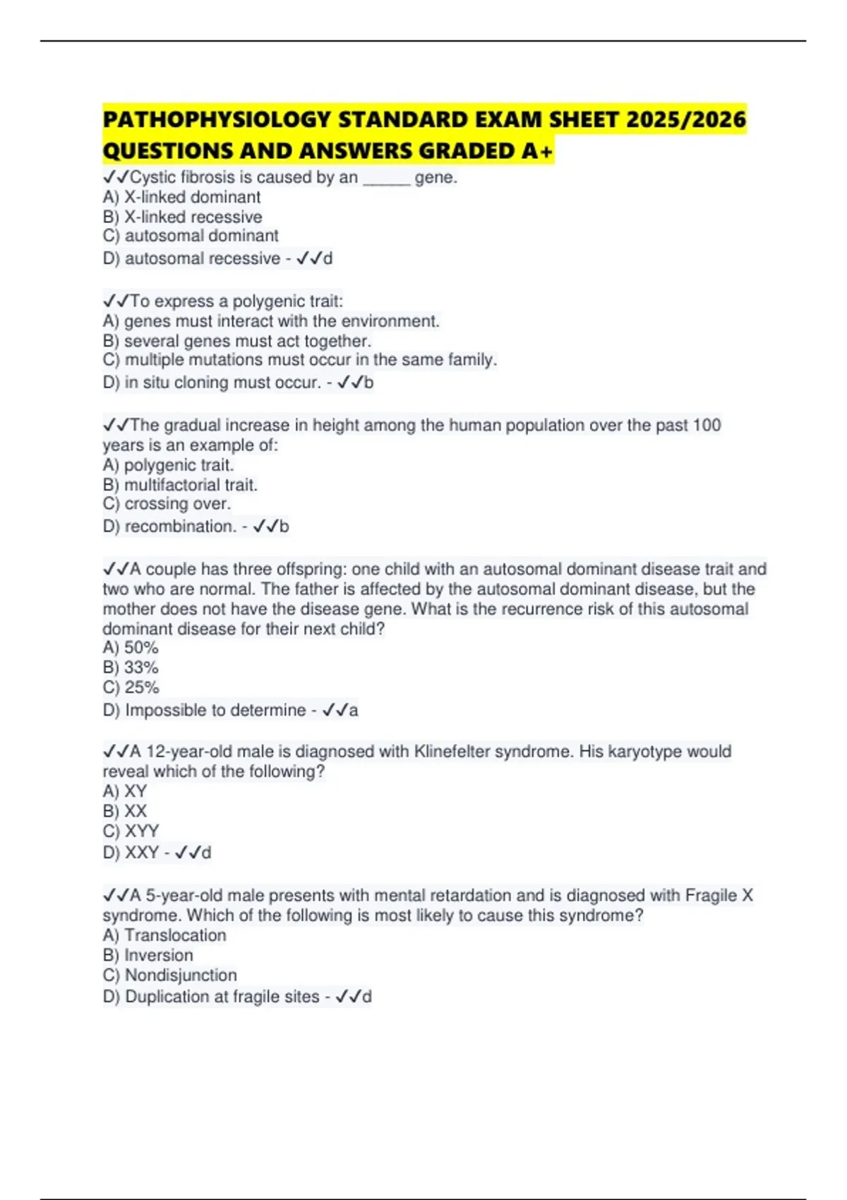 PATHOPHYSIOLOGY STANDARD EXAM SHEET 2025/2026 QUESTIONS AND ANSWERS ...