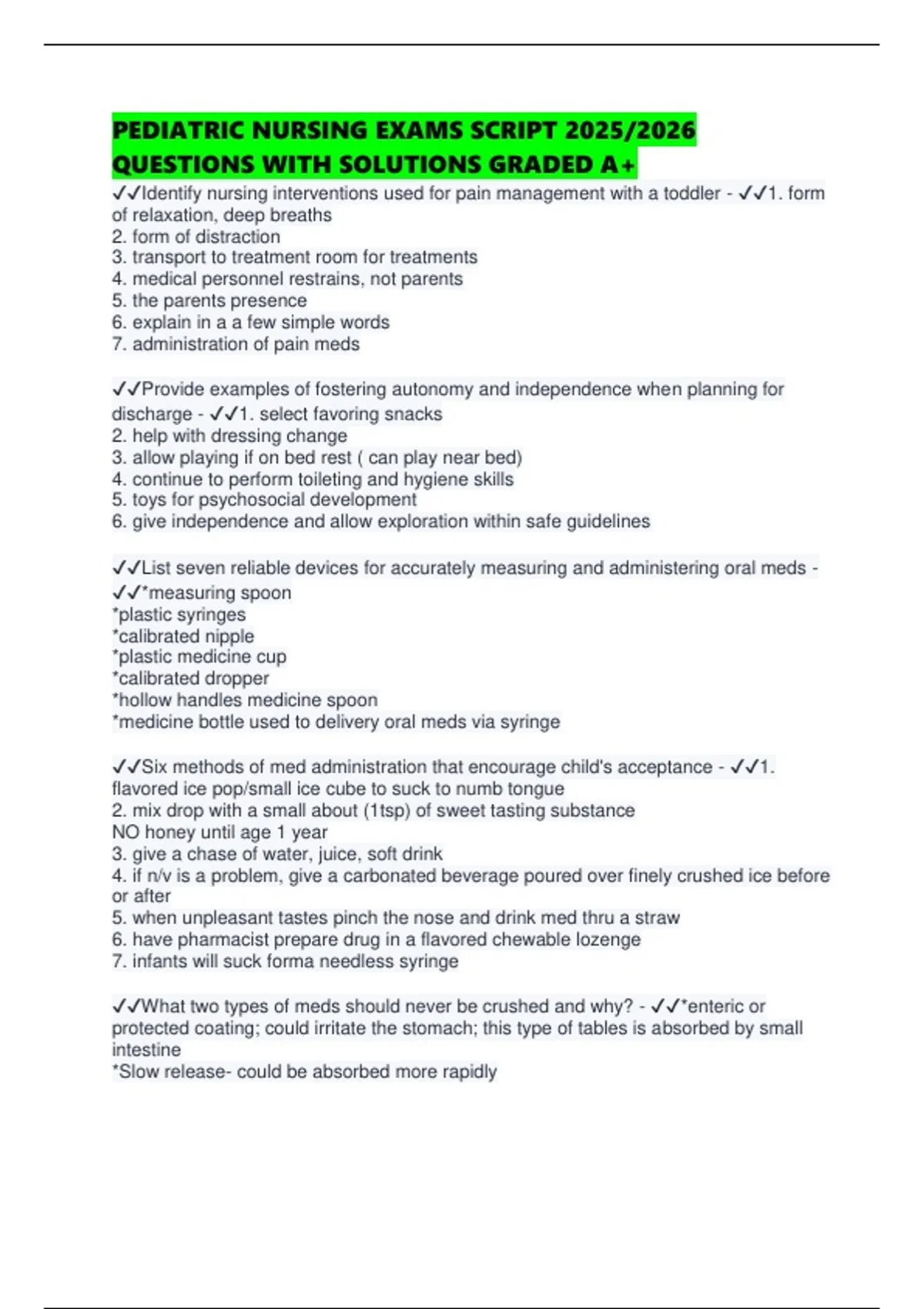 PEDIATRIC NURSING EXAMS SCRIPT 2025/2026 QUESTIONS WITH SOLUTIONS ...