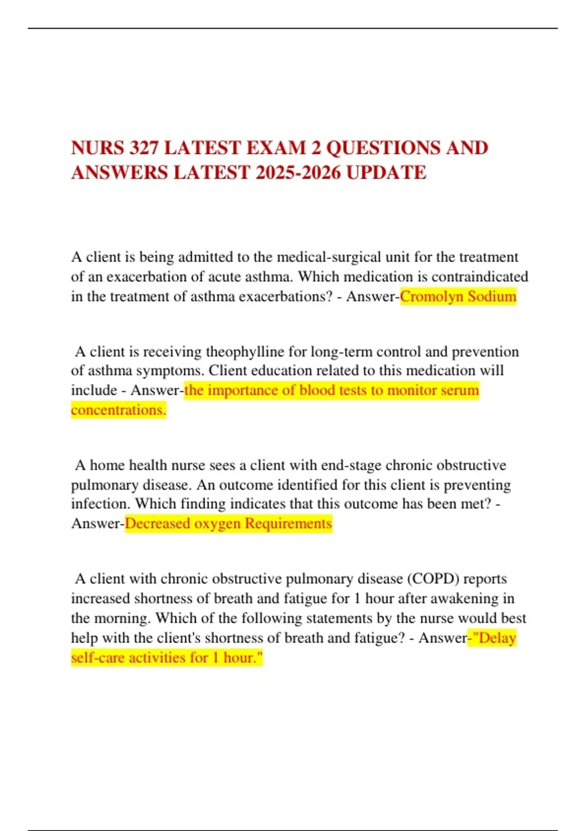 NURS 327 LATEST EXAM 2 QUESTIONS AND ANSWERS LATEST UPDATE - NURS 327 ...
