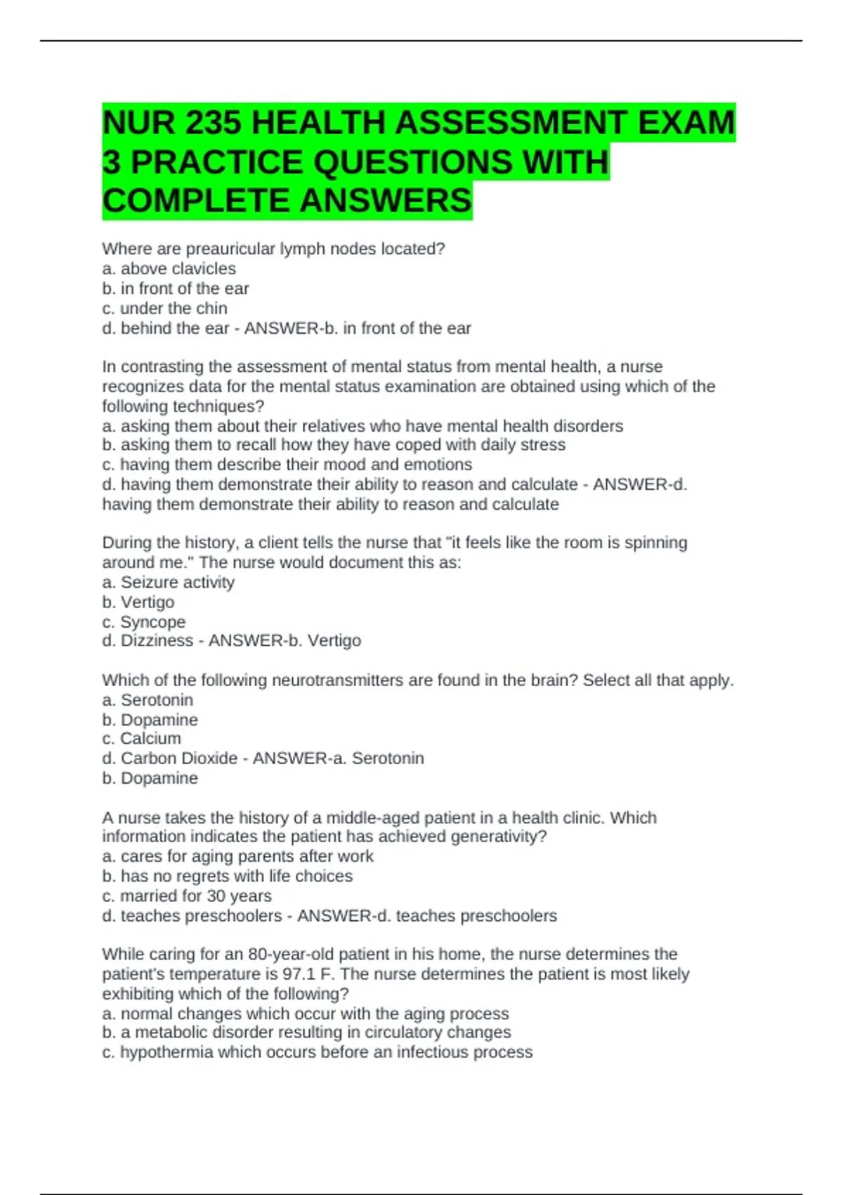 235 Number Questions NUR 235 HEALTH ASSESSMENT EXAM 3 PRACTICE QUESTIONS WITH COMPLETE ...