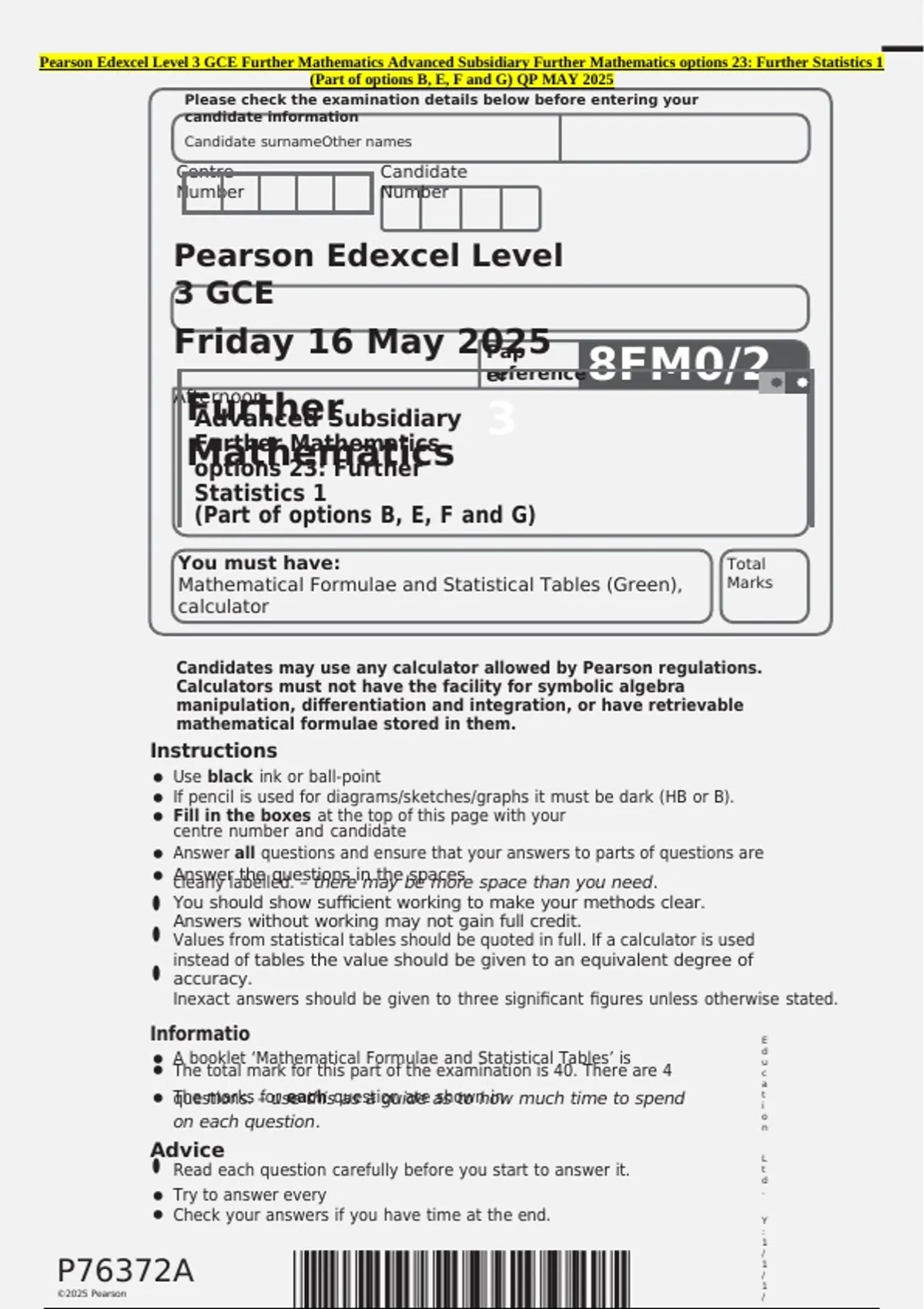 Pearson Edexcel Level 3 GCE Further Mathematics Advanced Subsidiary ...