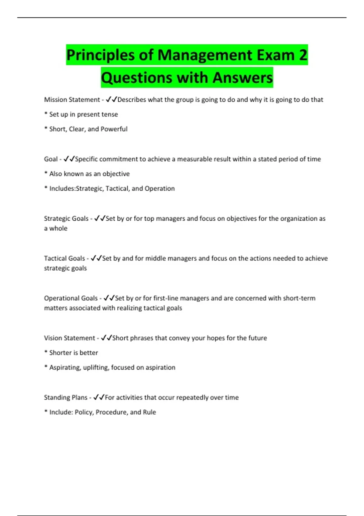 Principles of Management Exam 2 Questions with Answers - Principles of ...