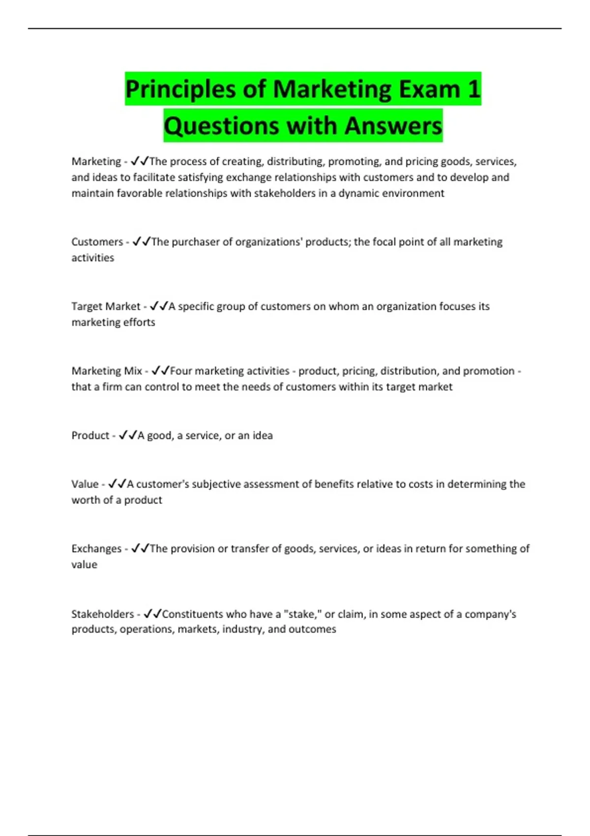 Principles of Marketing Exam 1 Questions with Answers - Principles of mkt - Stuvia US