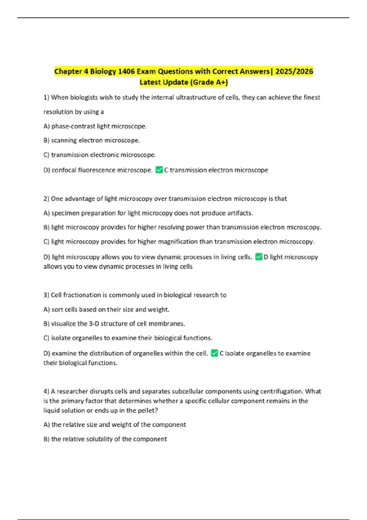 Chapter 4 Biology 1406 Exam Questions with Correct Answers| 2025/2026 ...