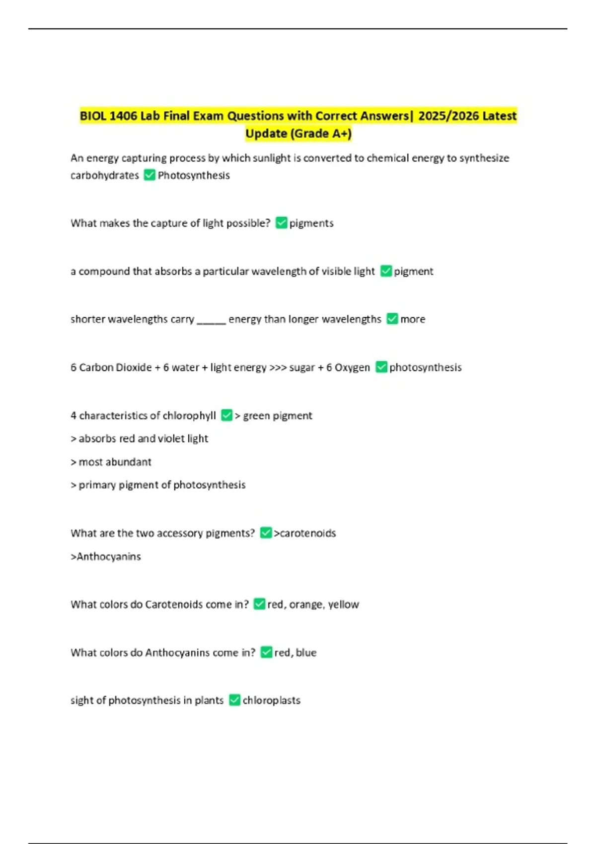 BIOL 1406 Lab Final Exam Questions with Correct Answers| 2025/2026 ...
