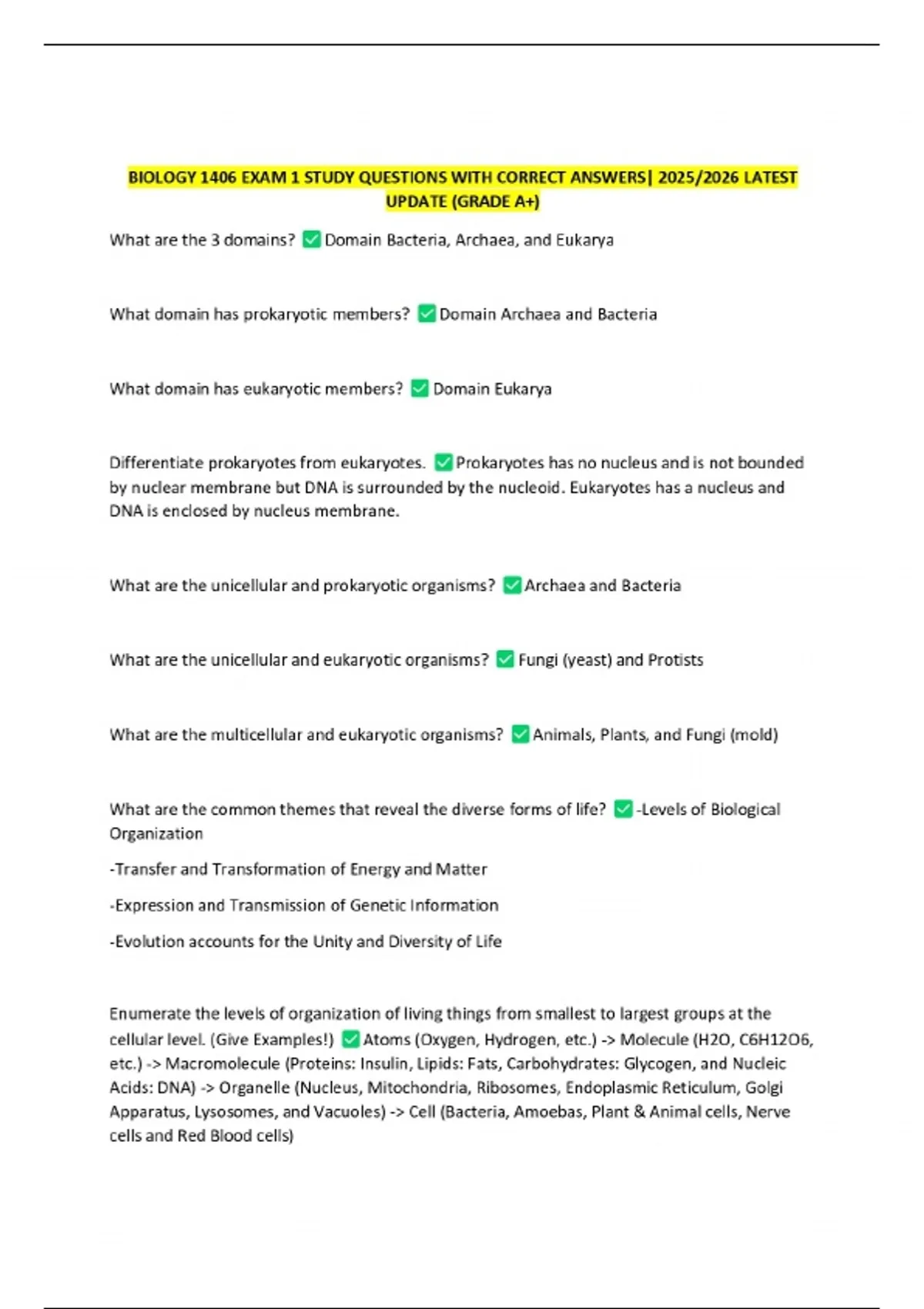 BIOLOGY 1406 EXAM 1 STUDY QUESTIONS WITH CORRECT ANSWERS| 2025/2026 ...