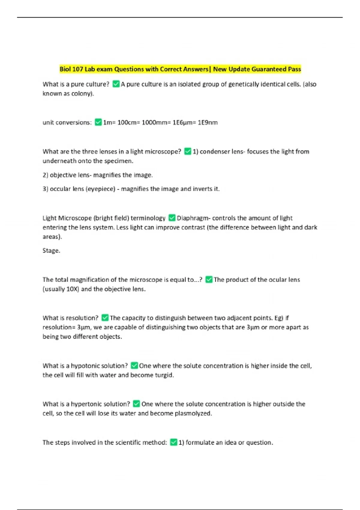 Biol 107 Lab exam Questions with Correct Answers| New Update Guaranteed ...