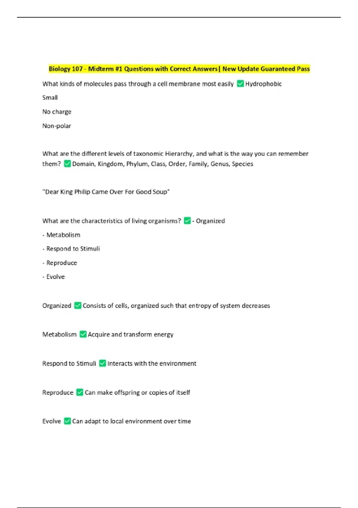 Biology 107 - Midterm #1 Questions with Correct Answers| New Update ...