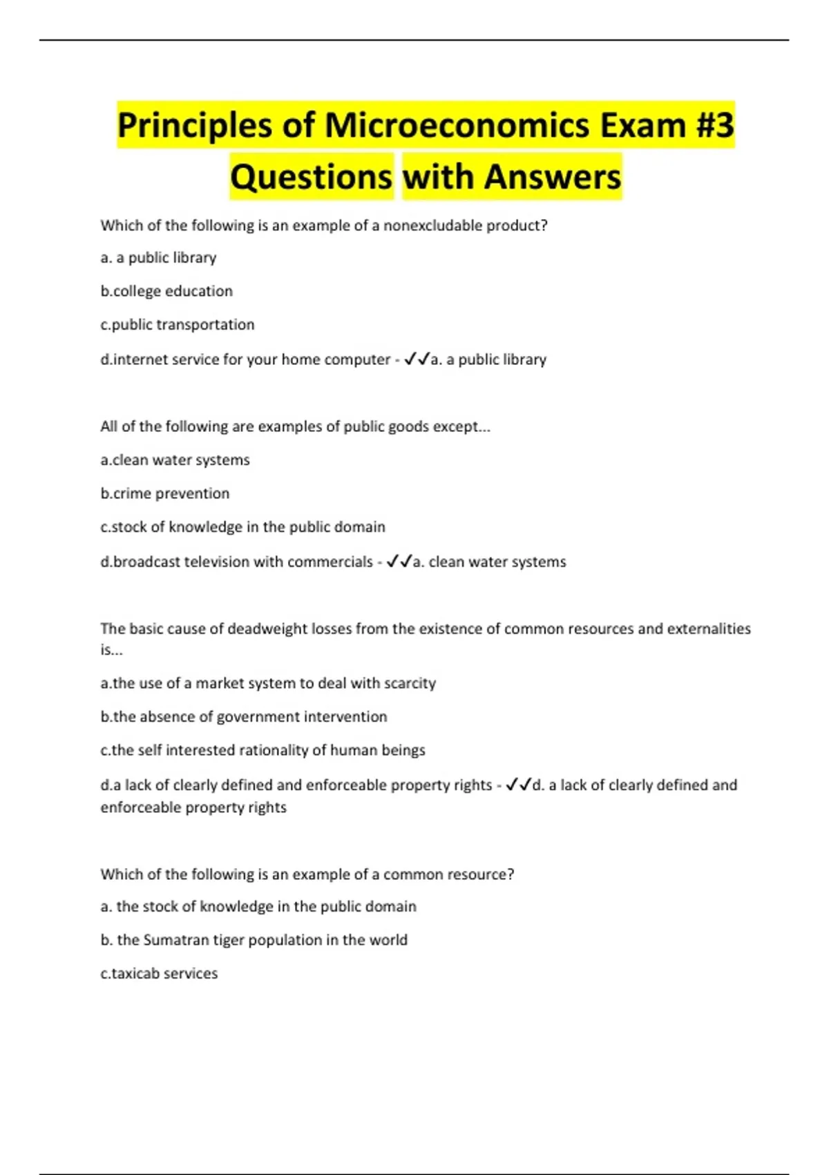 Principles of Microeconomics Exam #3 Questions with Answers ...