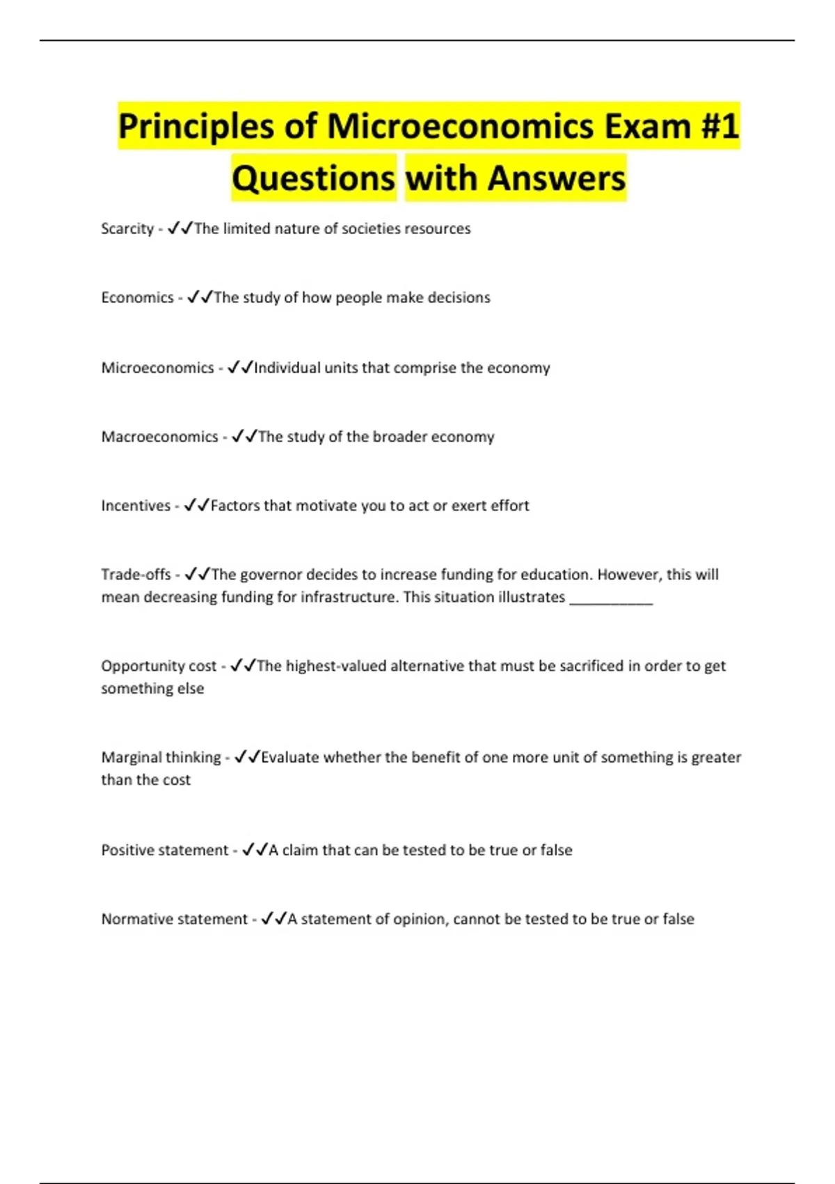 Principles of Microeconomics Exam #1 Questions with Answers ...