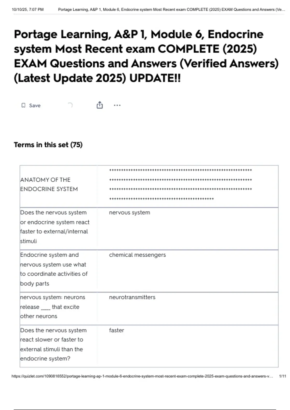 Portage Learning, A&P 1, Module 6, Endocrine system Most Recent exam ...
