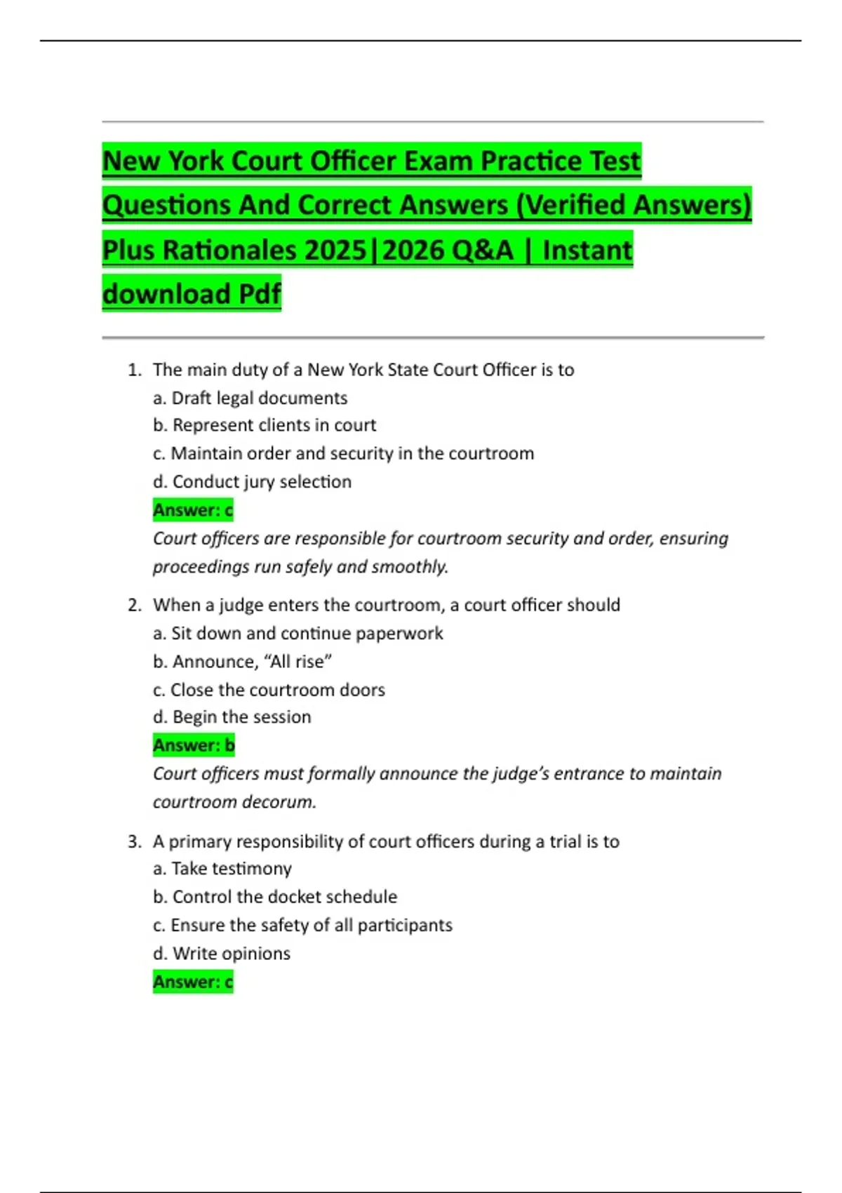 New York Court Officer Exam Practice Test Questions And Correct Answers (Verified Answers) Plus ...