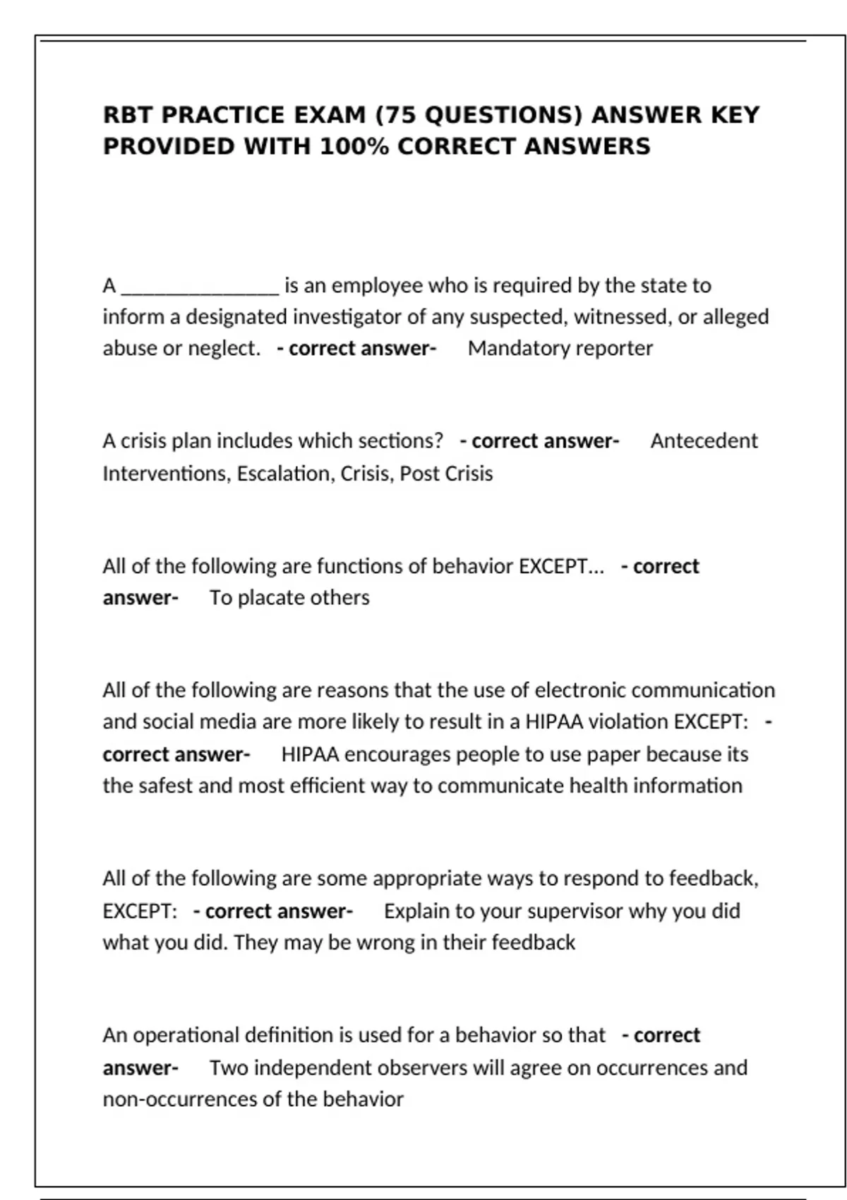 RBT Practice Exam (75 Questions) Answer key provided with 100% correct ...