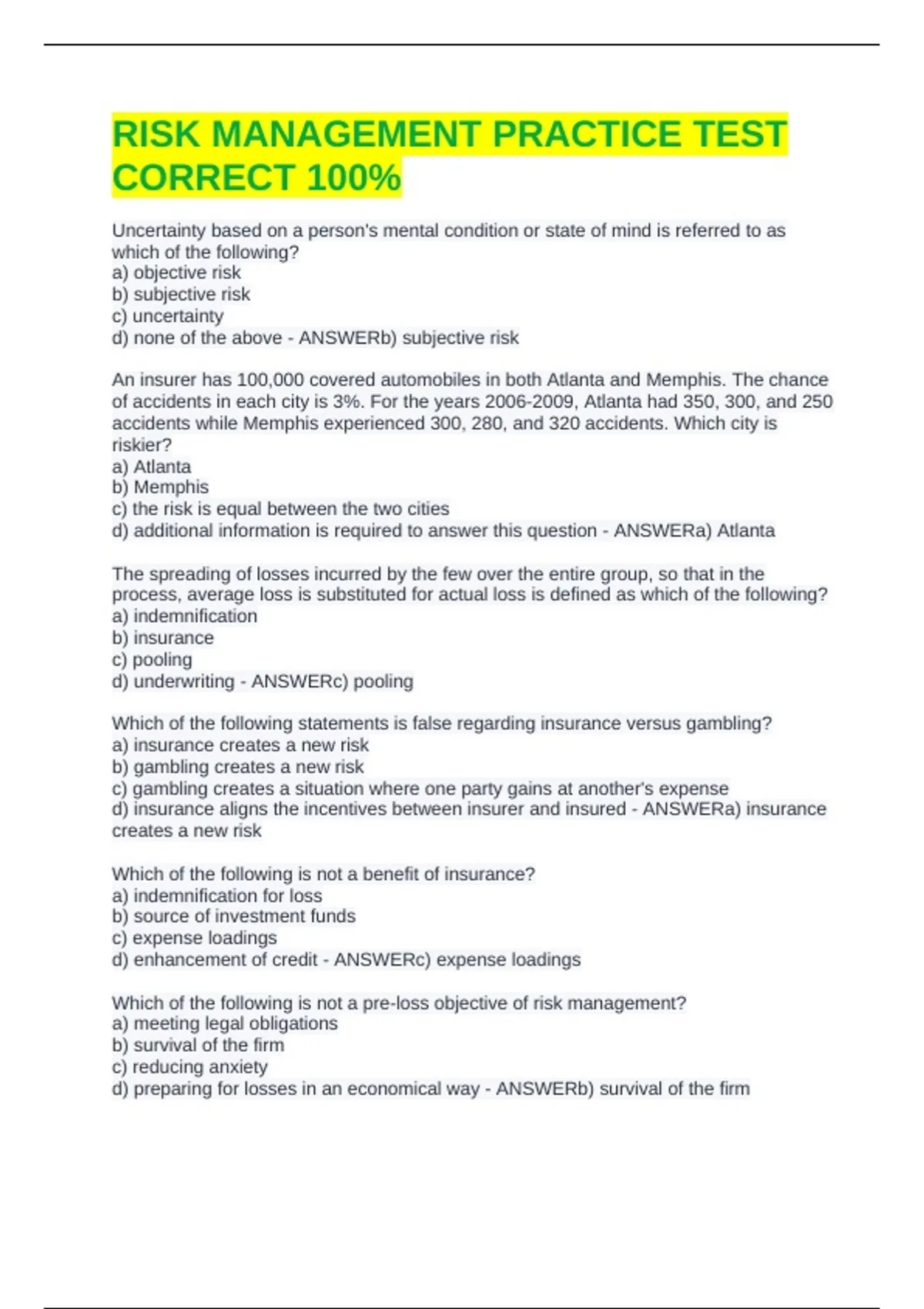 RISK MANAGEMENT PRACTICE TEST CORRECT 100% - CISR Elements of Risk ...