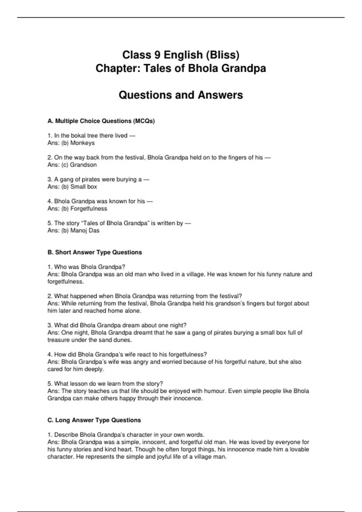 Tales of Bhola Grandpa, Class 9 English, English Bliss, Chapter 1 ...