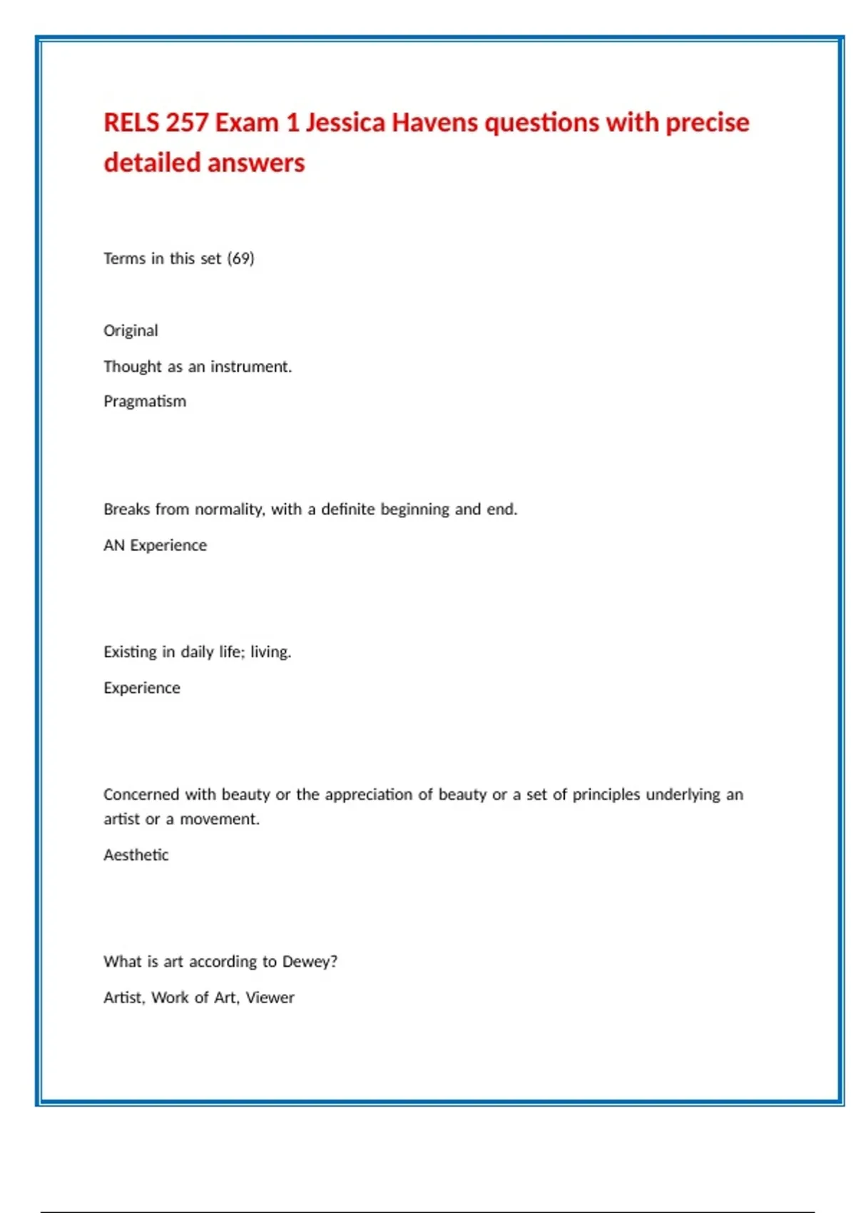 RELS 257 Exam 1 Jessica Havens questions with precise detailed answers ...