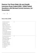 Pearson Vue Texas State Life and Health Insurance Exam &lpar;Latest 2025 &sol; 2026&rpar; Tested Questions with Revised Correct Answers&comma; &lpar;A&plus; Guarantee&rpar;