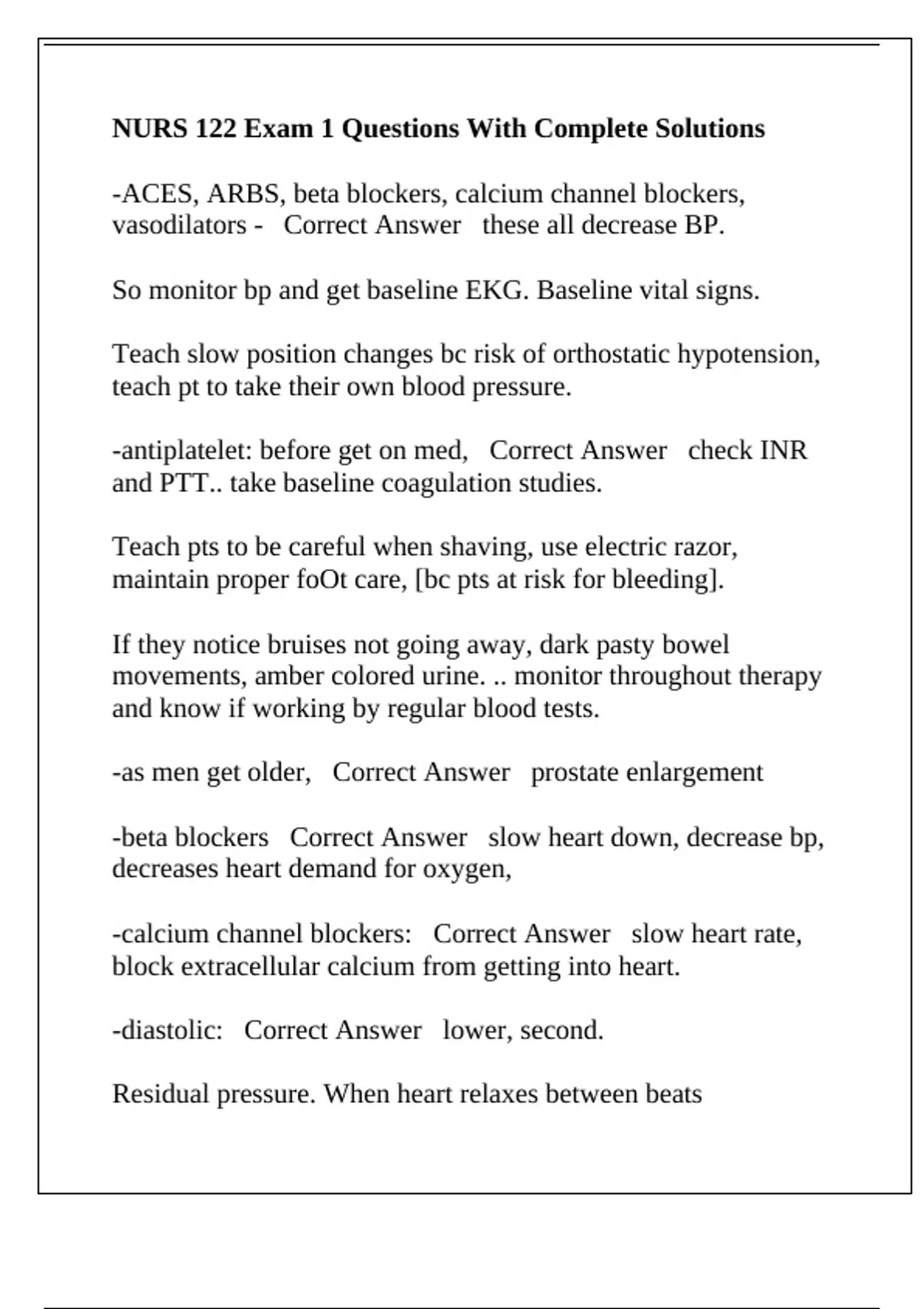 NURS 122 Exam 1 Questions With Complete Solutions - NURS 122 - Stuvia US